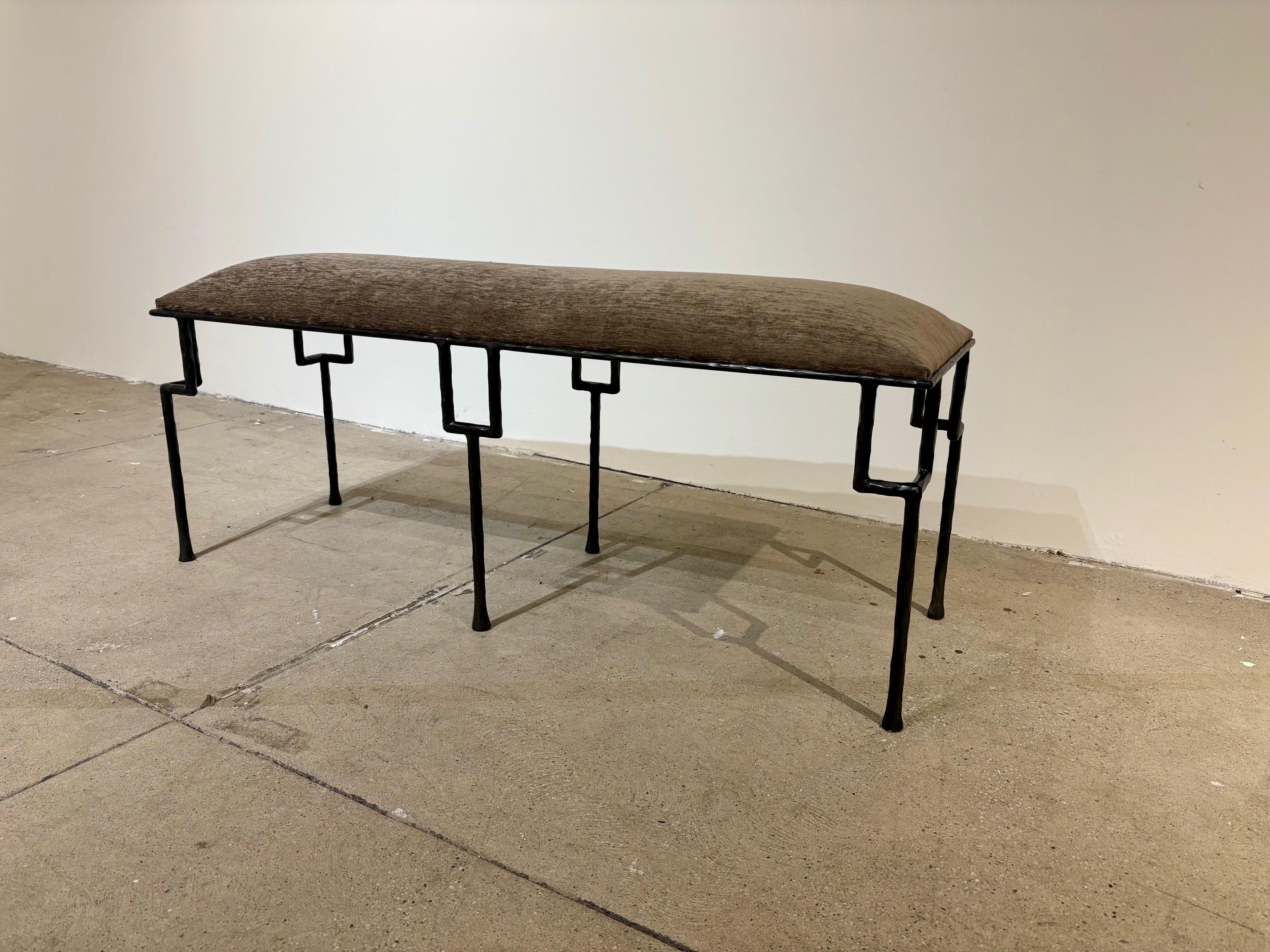 Contemporary Hammered and Patinated Iron Bench For Sale 1