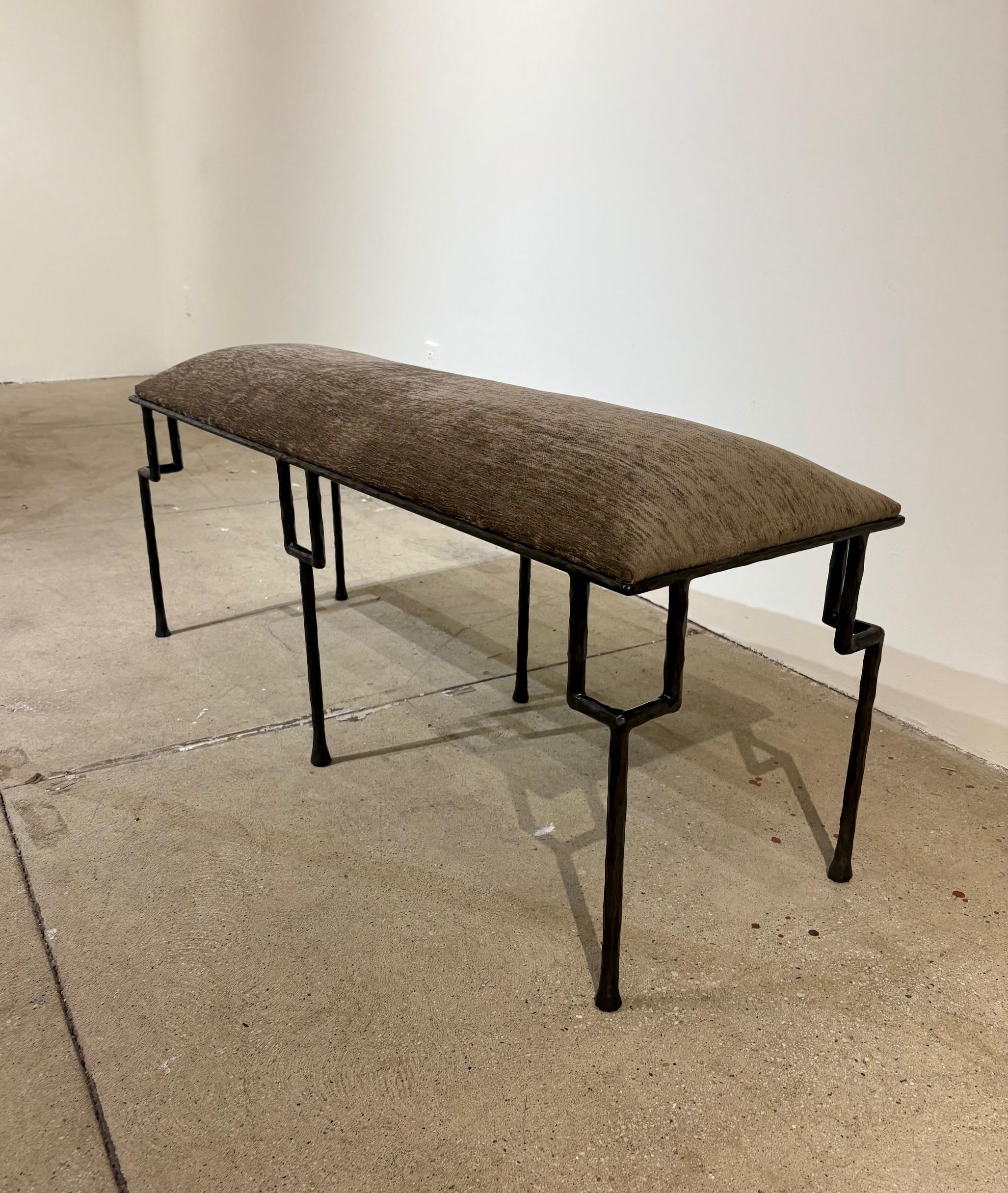 Contemporary Hammered and Patinated Iron Bench For Sale 2