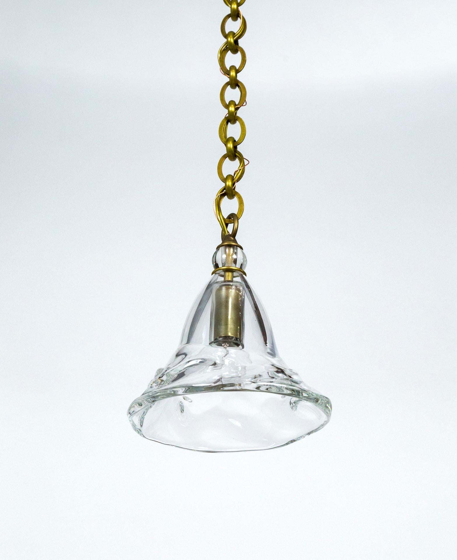 Contemporary Hand Blown Clear Bell Pendant Light on Long Brass Chain In New Condition For Sale In San Francisco, CA