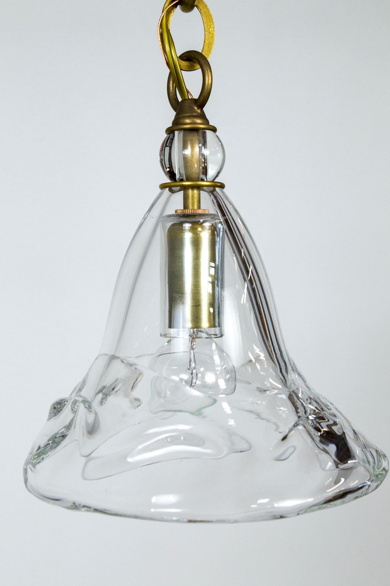 Contemporary Hand Blown Clear Bell Pendant Light on Long Brass Chain For Sale 1