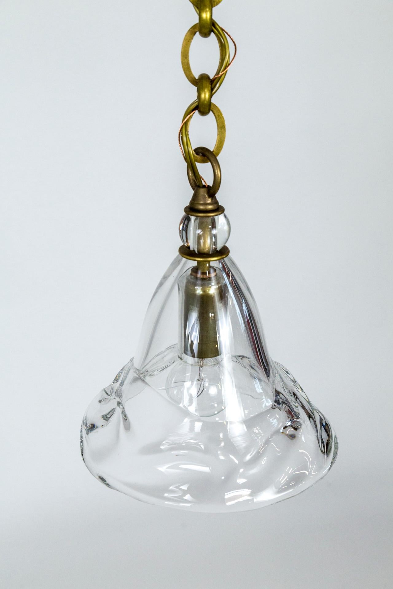 Contemporary Hand Blown Clear Bell Pendant Light on Long Brass Chain For Sale 2