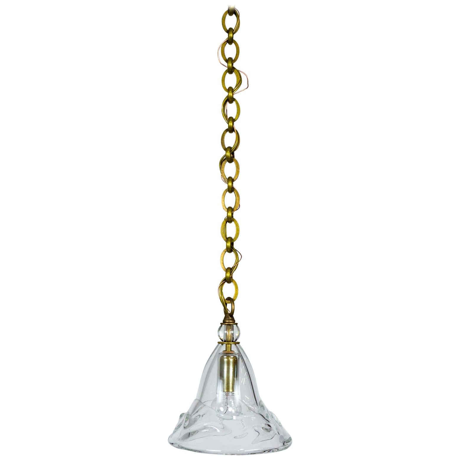 Contemporary Hand Blown Clear Bell Pendant Light on Long Brass Chain For Sale