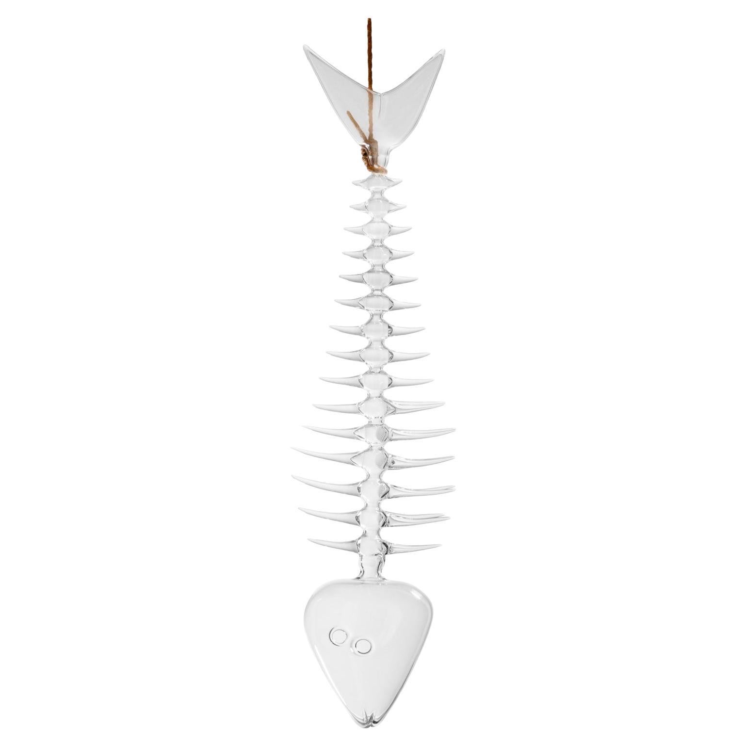Escultura Contemporánea de Vidrio Soplado a Mano Delicioso Pez Escama Estructura Ósea Mar