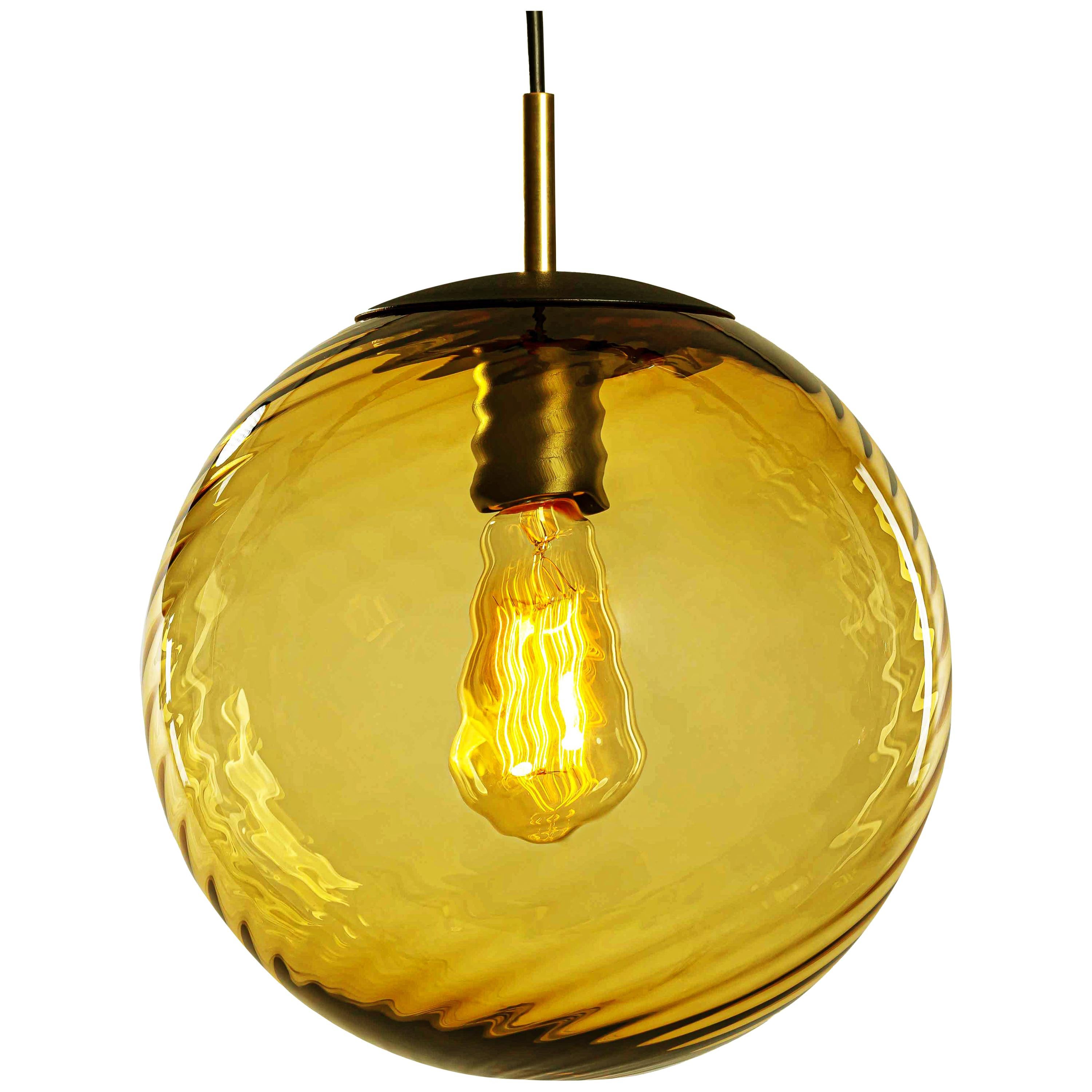 Contemporary Hand Blown Glass Pendant Lamp in Transparent Amber Twist For Sale