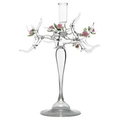 Contemporary Hand-Blown Glass Rose Candle Sticks Pink Spring Flower Leaves Green