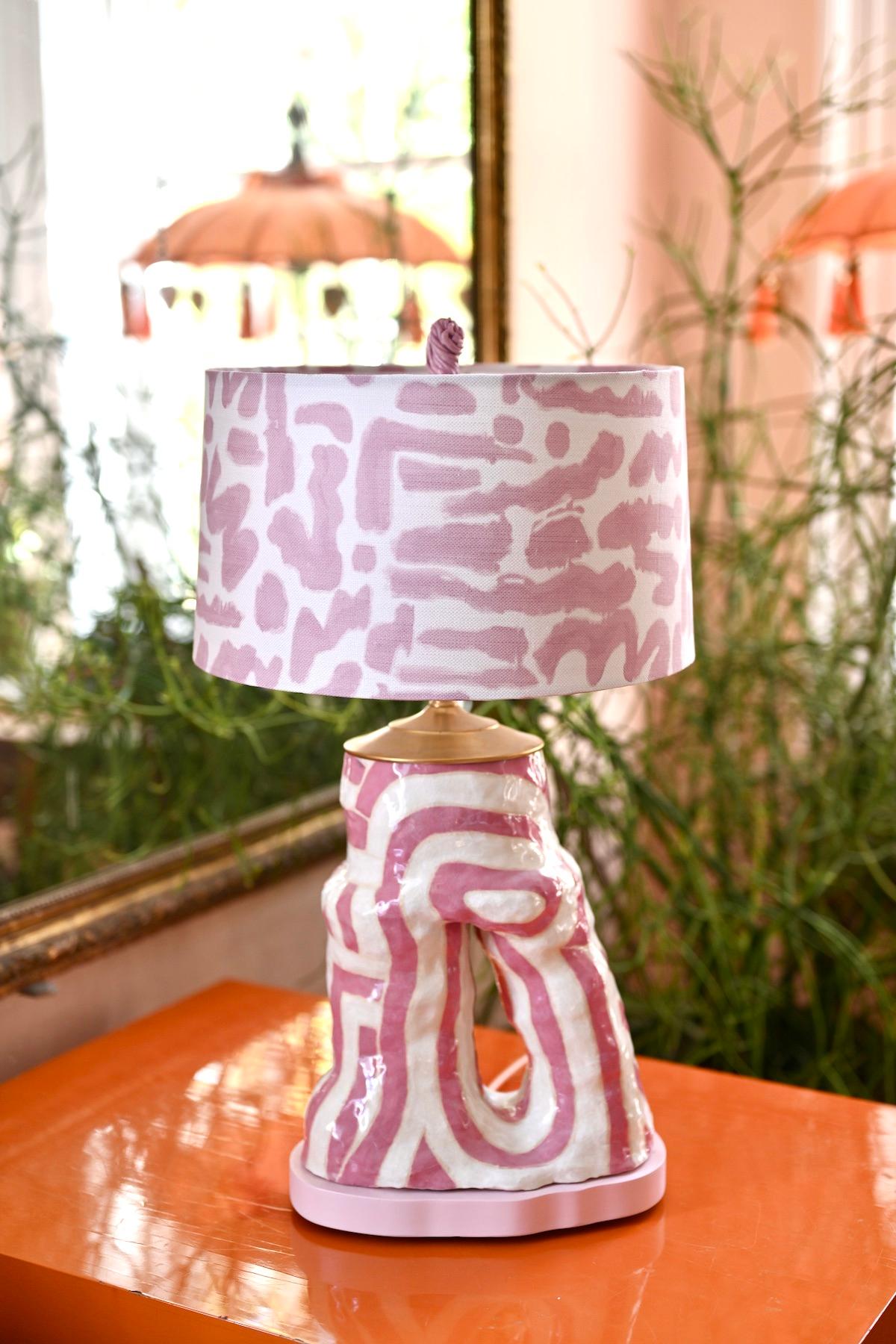 One-of-a-kind contemporary ceramic lighted forms by Abby Kasonik featuring shades made from textiles by Kiki Slaughter, inspired by her original works on canvas.

Contemporary, studio-made, hand built and painted ceramic sculptural form in pink