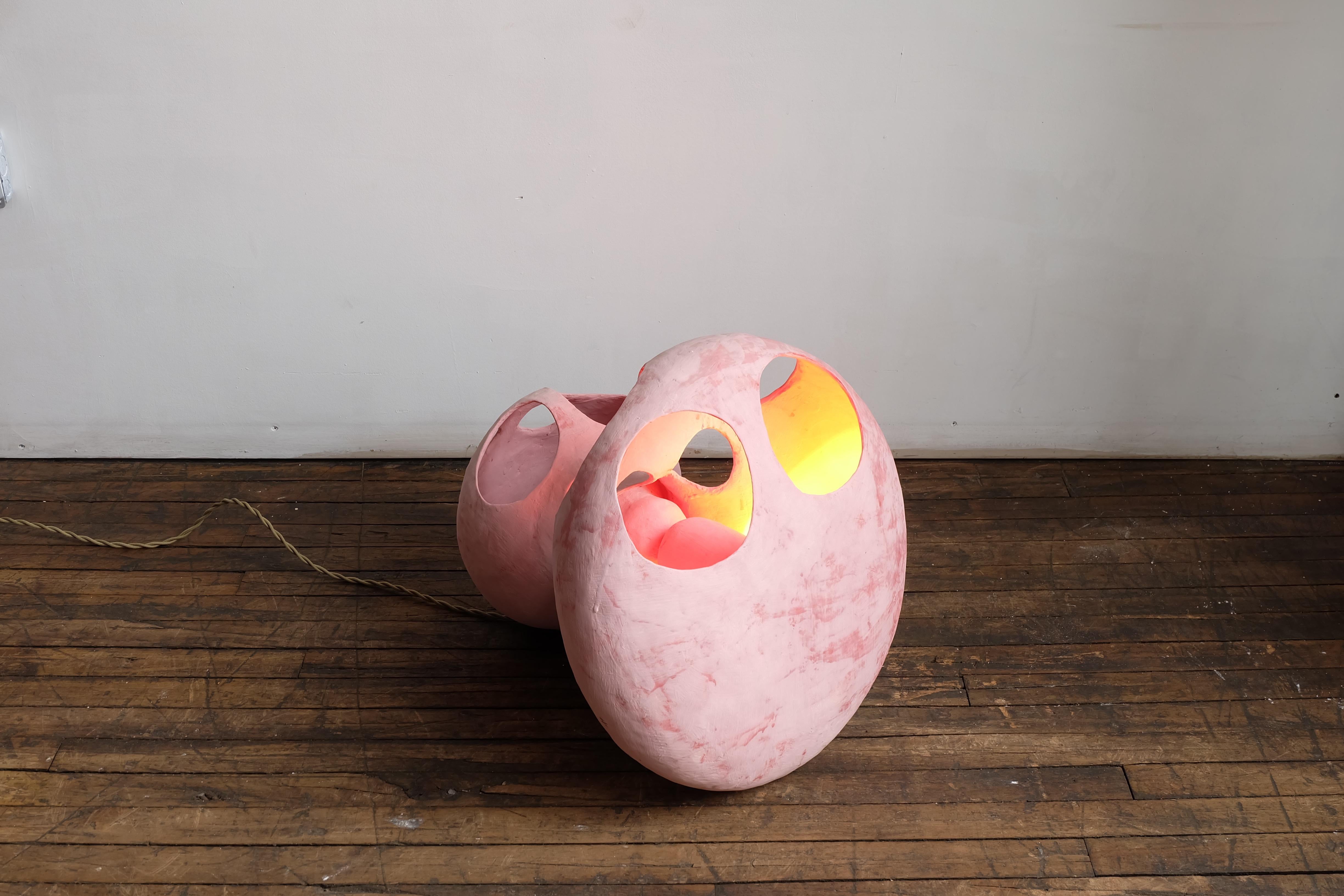 Modern Contemporary Hand-Built Matte Pink Sculptural Glazed Ceramic Spore Floor Lamp For Sale