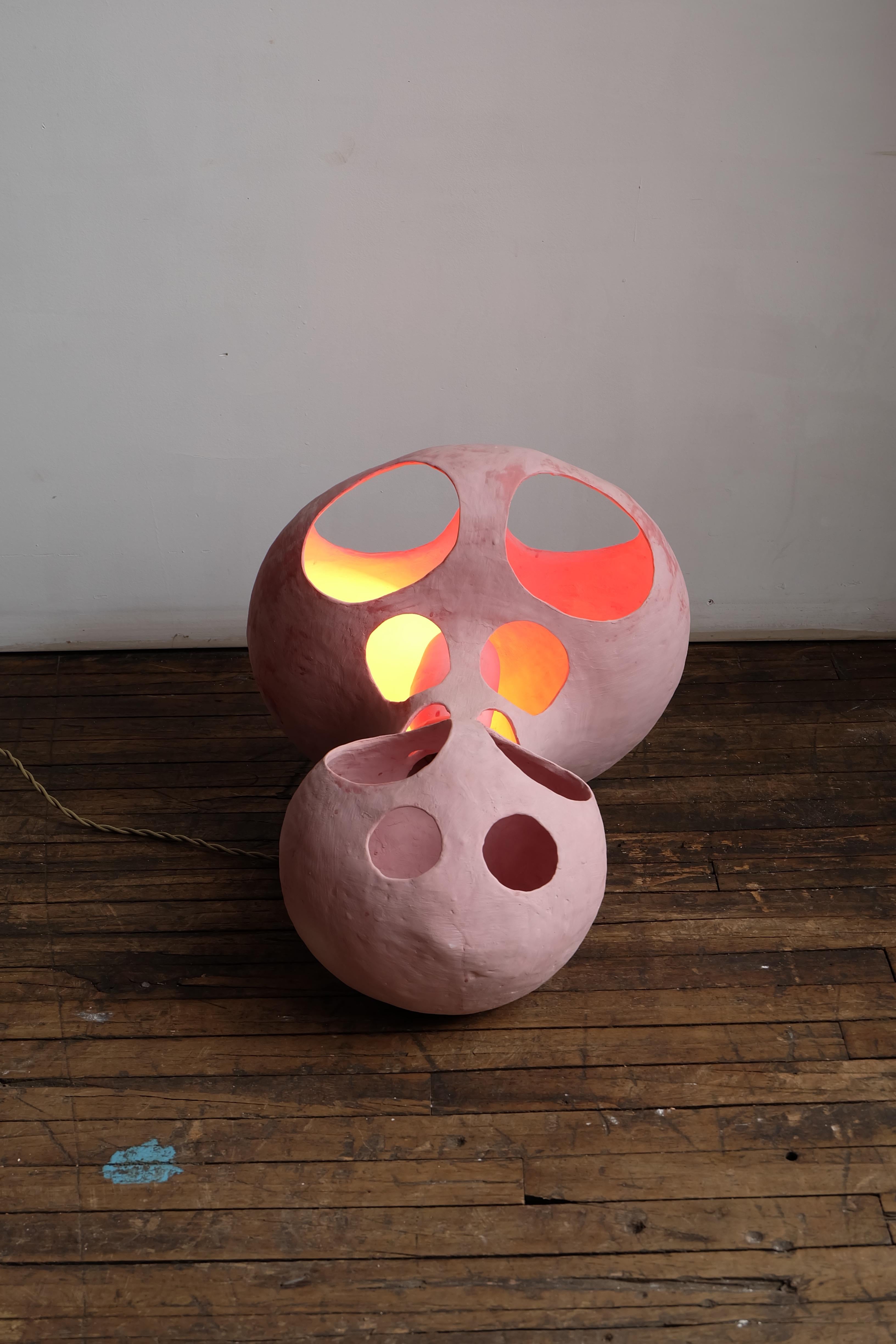 North American Contemporary Hand-Built Matte Pink Sculptural Glazed Ceramic Spore Floor Lamp For Sale