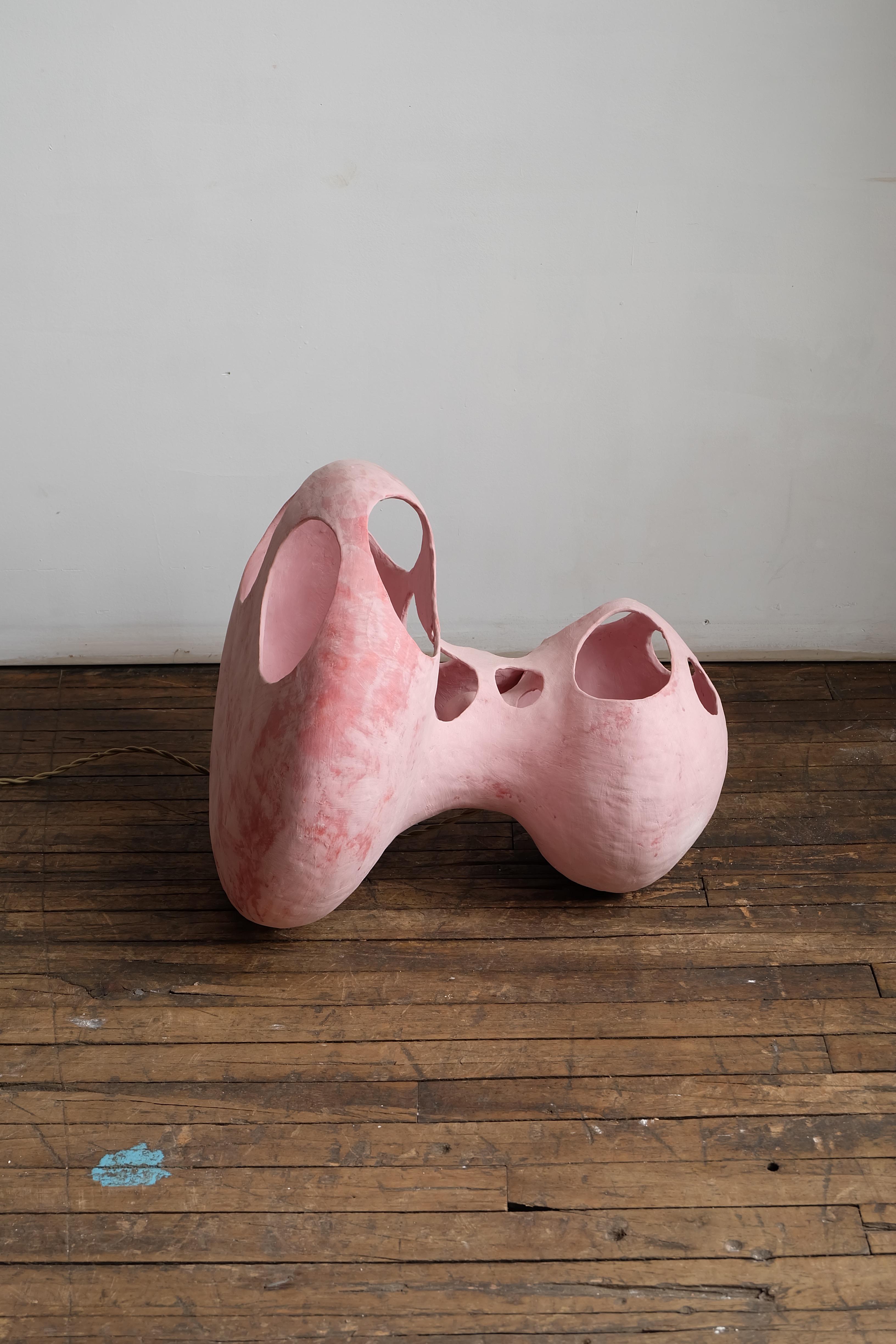 Hand-Crafted Contemporary Hand-Built Matte Pink Sculptural Glazed Ceramic Spore Floor Lamp For Sale