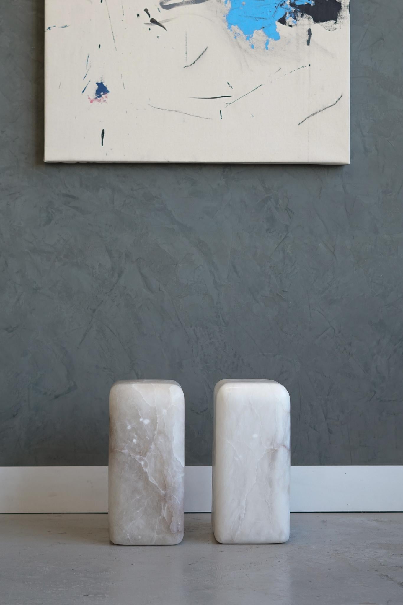 Modern Pair of Sculptural Hand Carved Alabaster Chunk Side Tables by Swell Studio For Sale