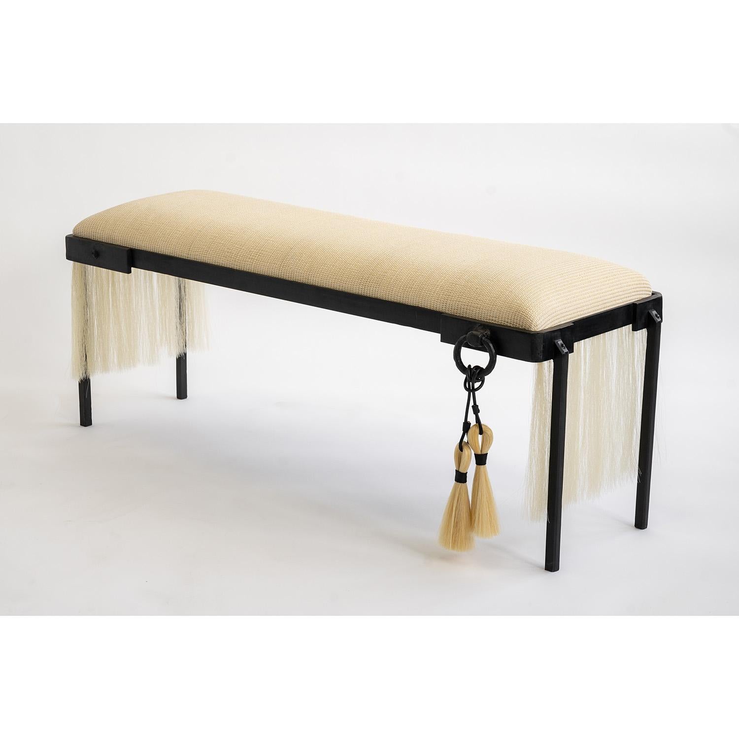 Modern Contemporary Hand Carved Blackened Steel Bench with Handwoven Horsehair in White For Sale