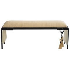 Contemporary Hand Carved Blackened Steel Bench with Handwoven Horsehair in White