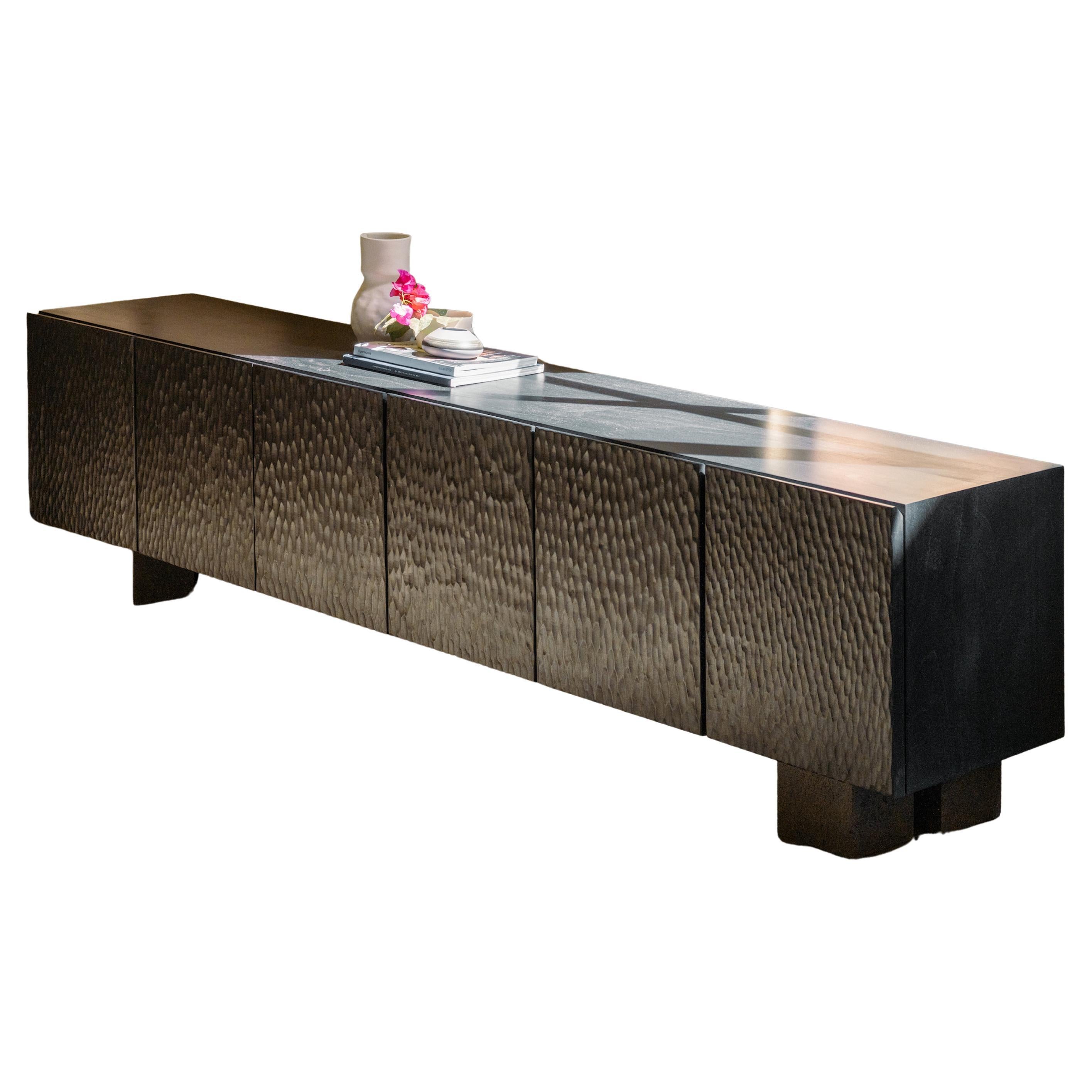 Contemporary Hand Carved Cedar Credenza With Basalt Stone Accents