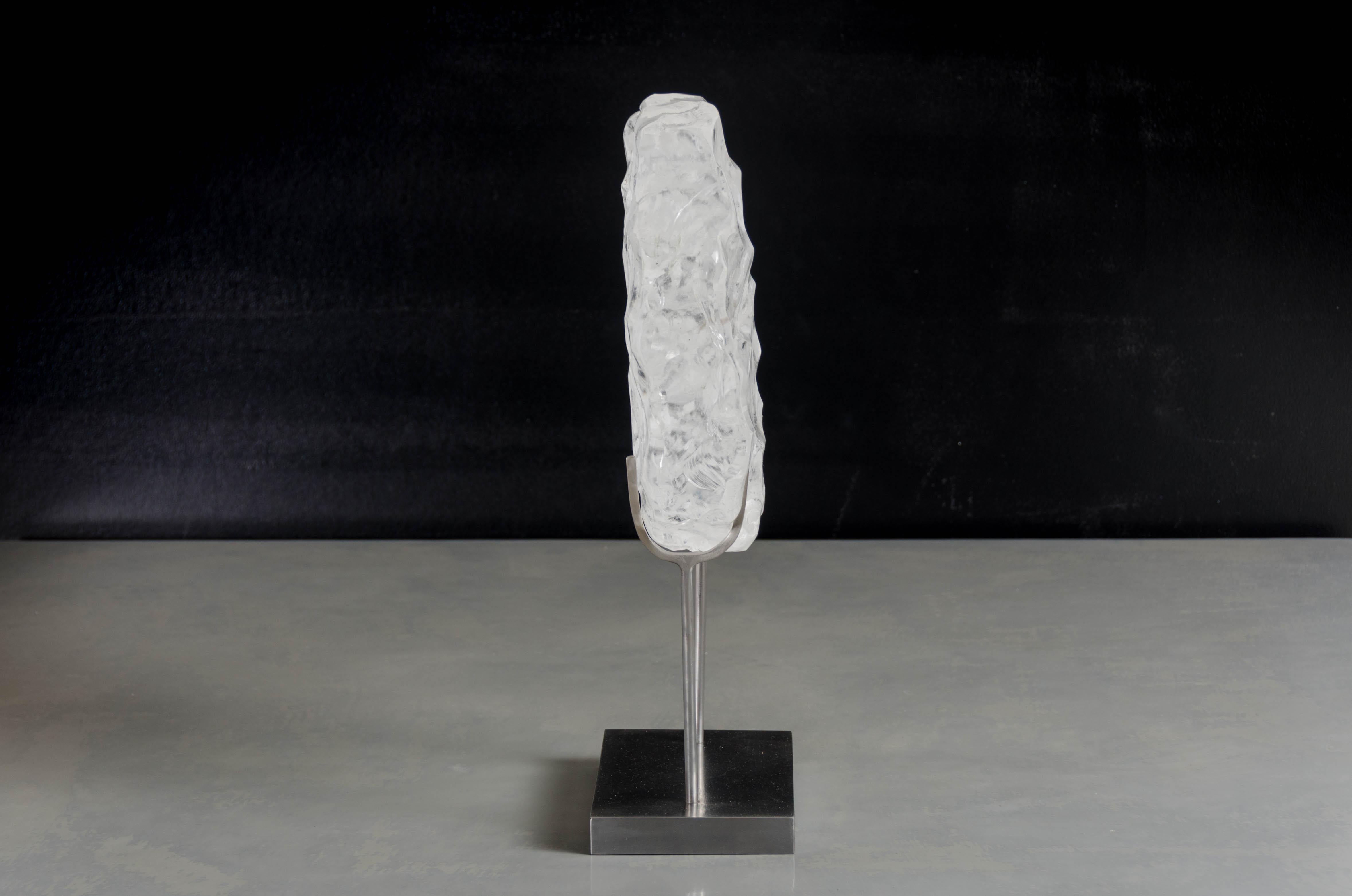 Minimalist Contemporary Hand Carved Crystal Bi Sculpture w/ Steel Stand by Robert Kuo For Sale