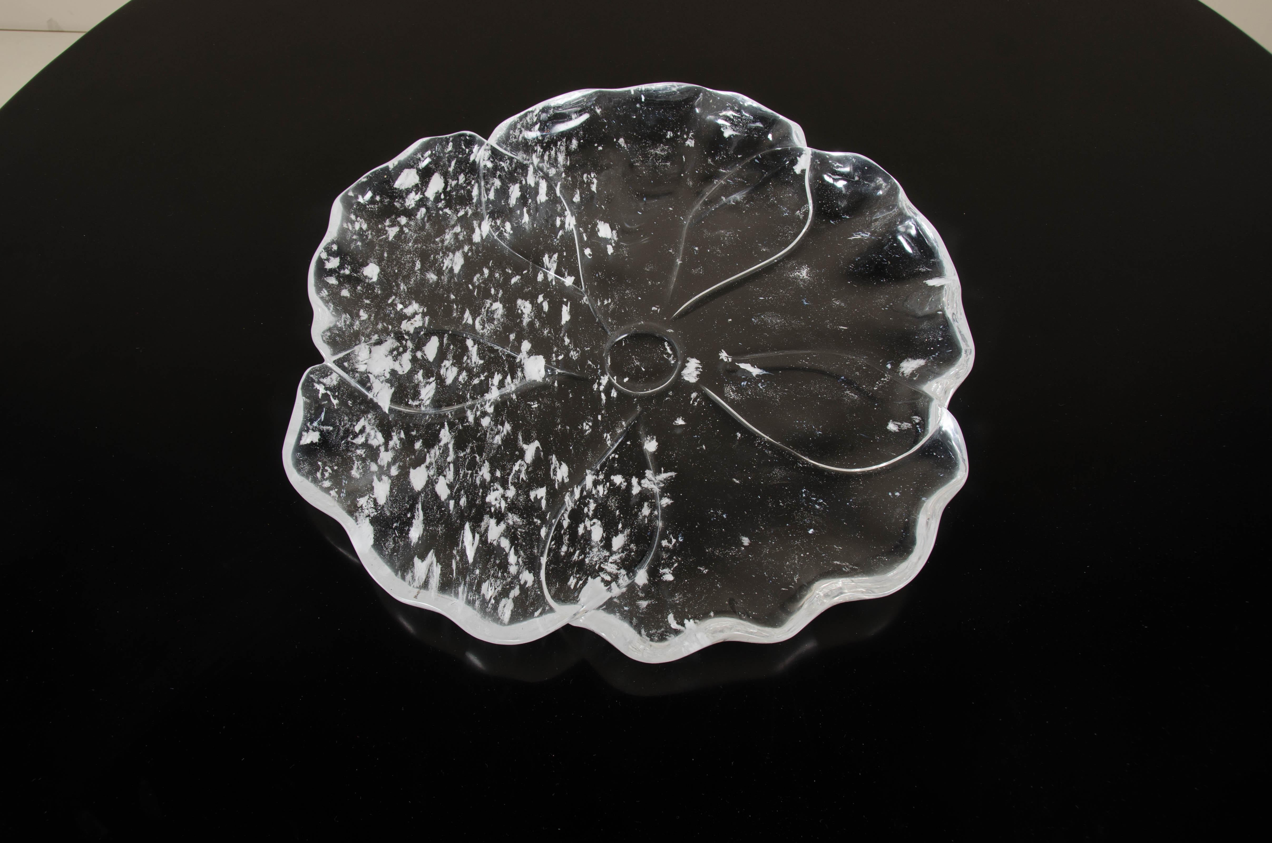 Modern Contemporary Hand Carved Crystal Flower Plate by Robert Kuo, Limited Edition For Sale