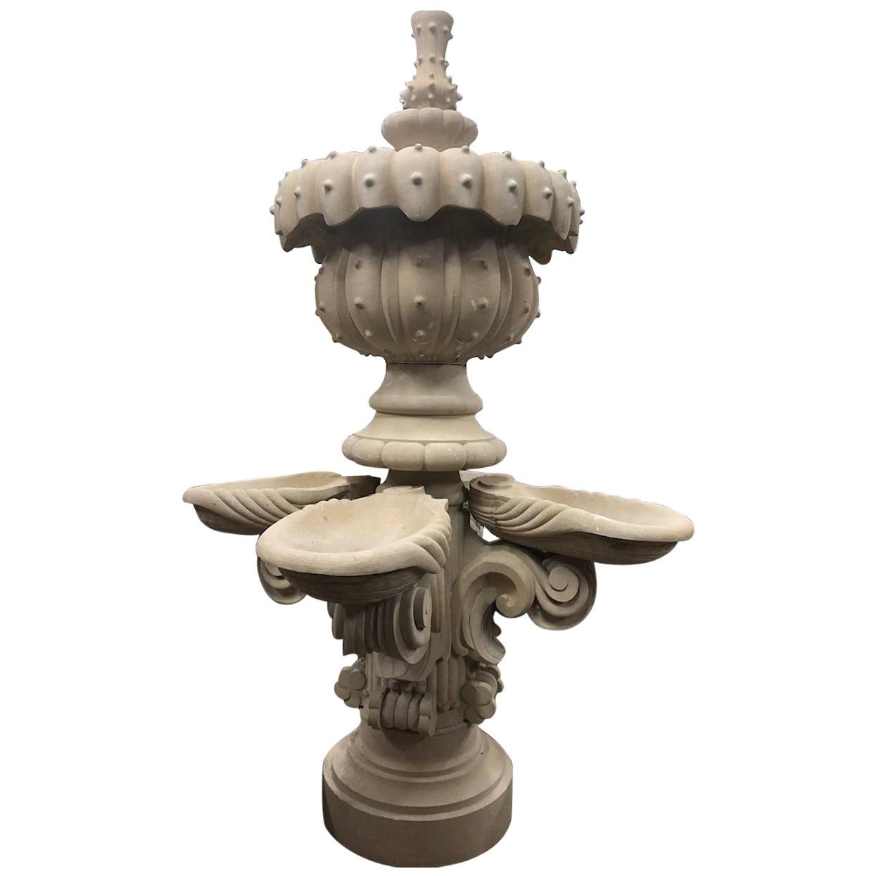 Contemporary, Hand-Carved, Limestone Central Fountain