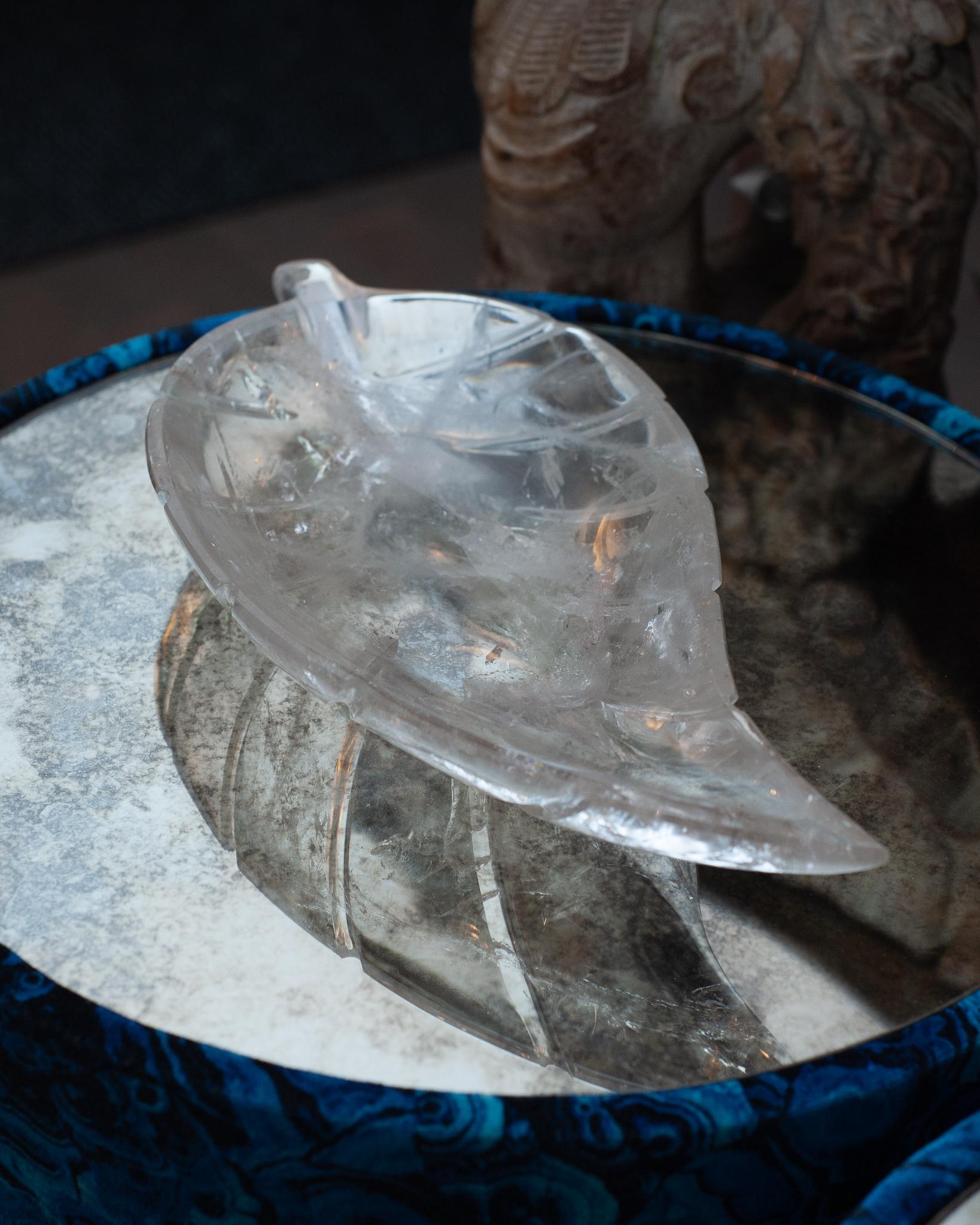 Brazilian Contemporary Hand Carved Rock Crystal Clear Quartz Leaf Tray For Sale