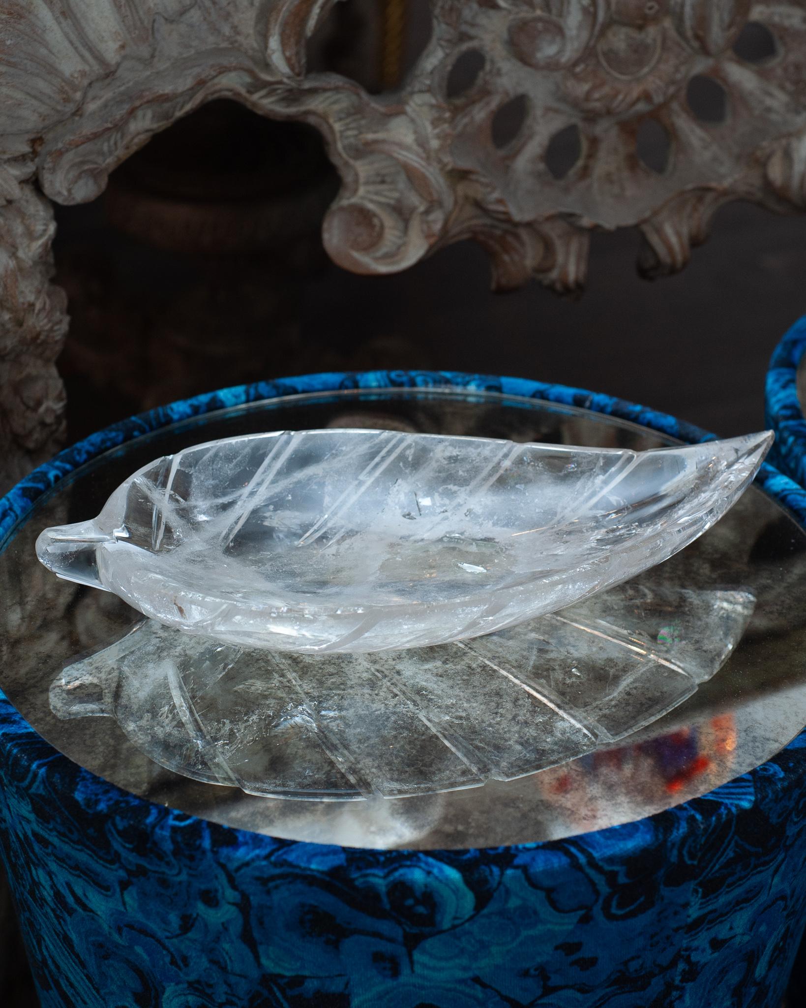 Hand-Carved Contemporary Hand Carved Rock Crystal Clear Quartz Leaf Tray For Sale