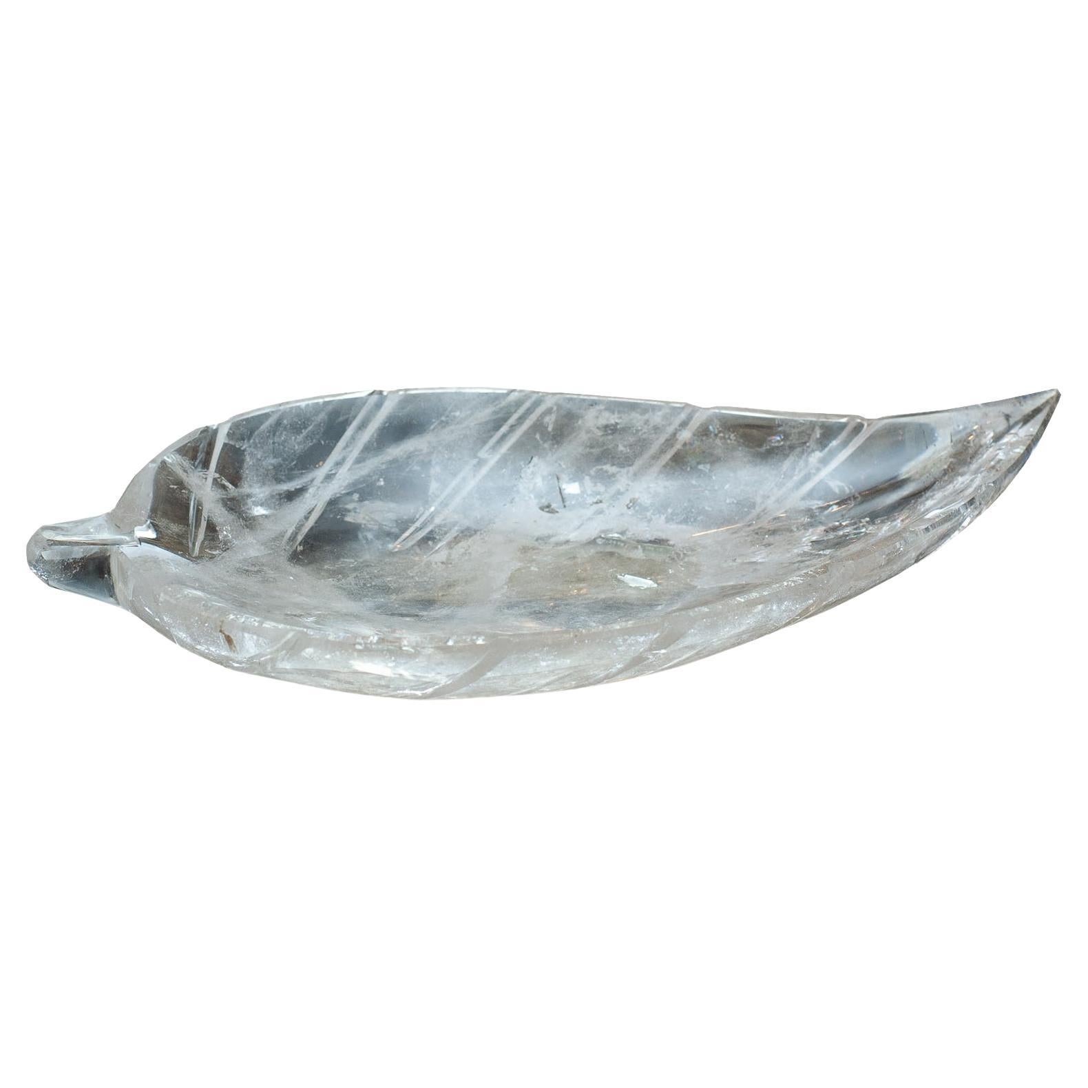 Contemporary Hand Carved Rock Crystal Clear Quartz Leaf Tray