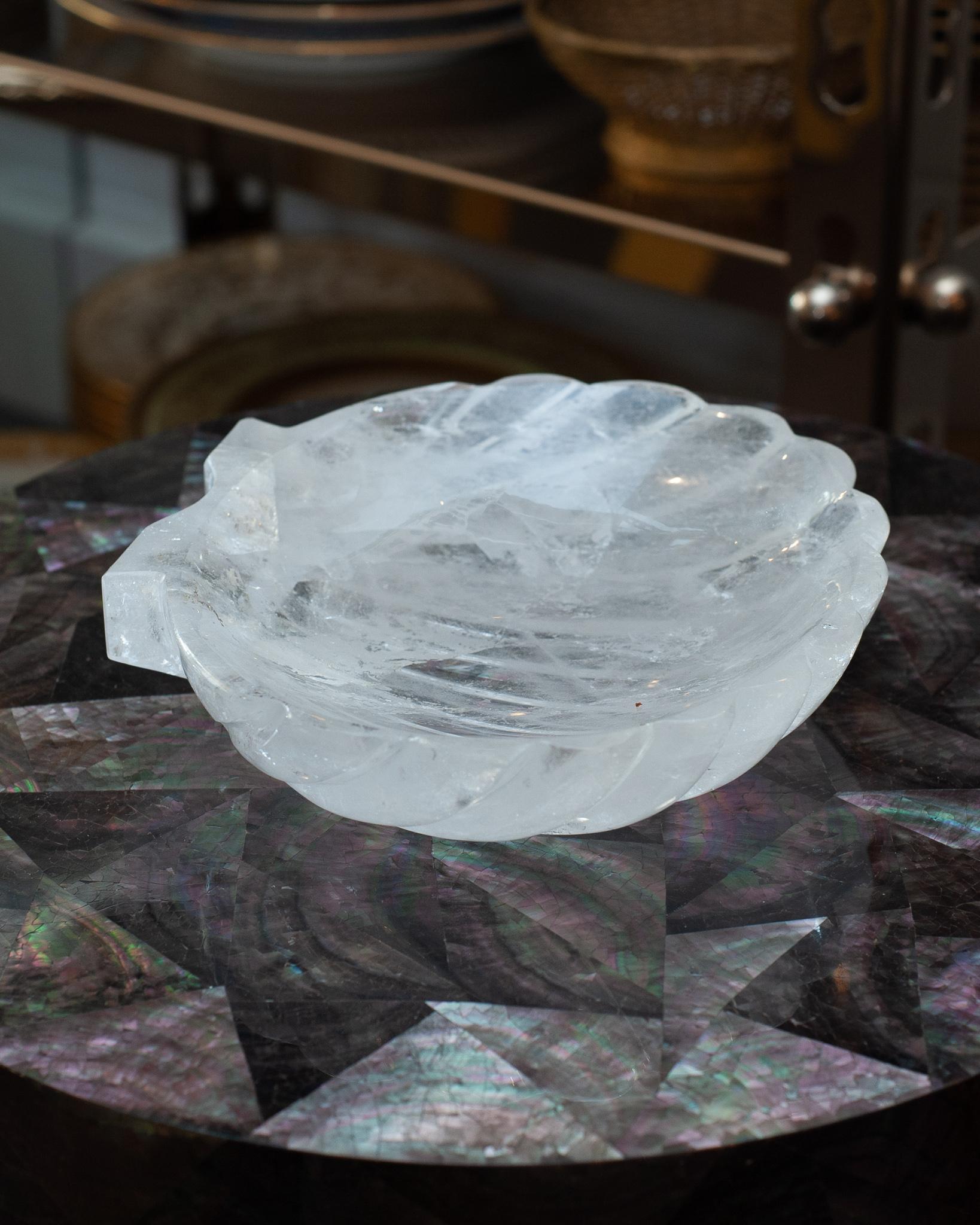 Brazilian Contemporary Hand Carved Rock Crystal Clear Quartz Shell Tray For Sale