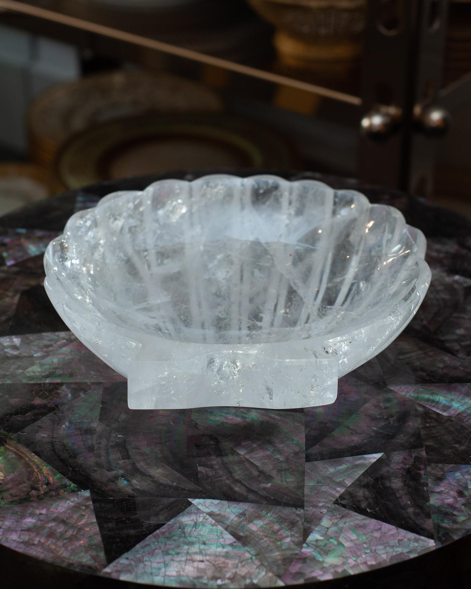 Hand-Carved Contemporary Hand Carved Rock Crystal Clear Quartz Shell Tray For Sale