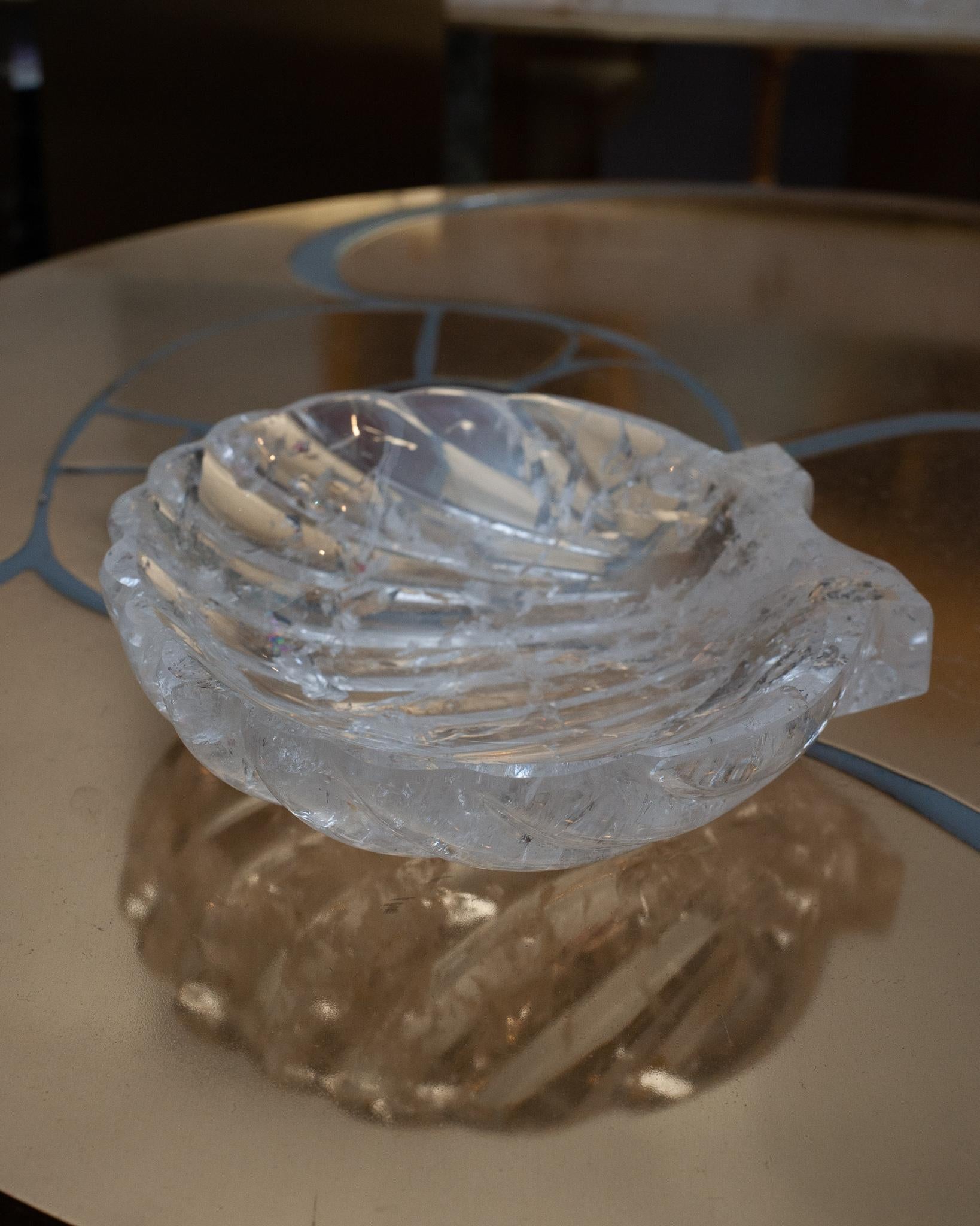 Contemporary Hand Carved Rock Crystal Clear Quartz Shell Tray In New Condition In Toronto, ON