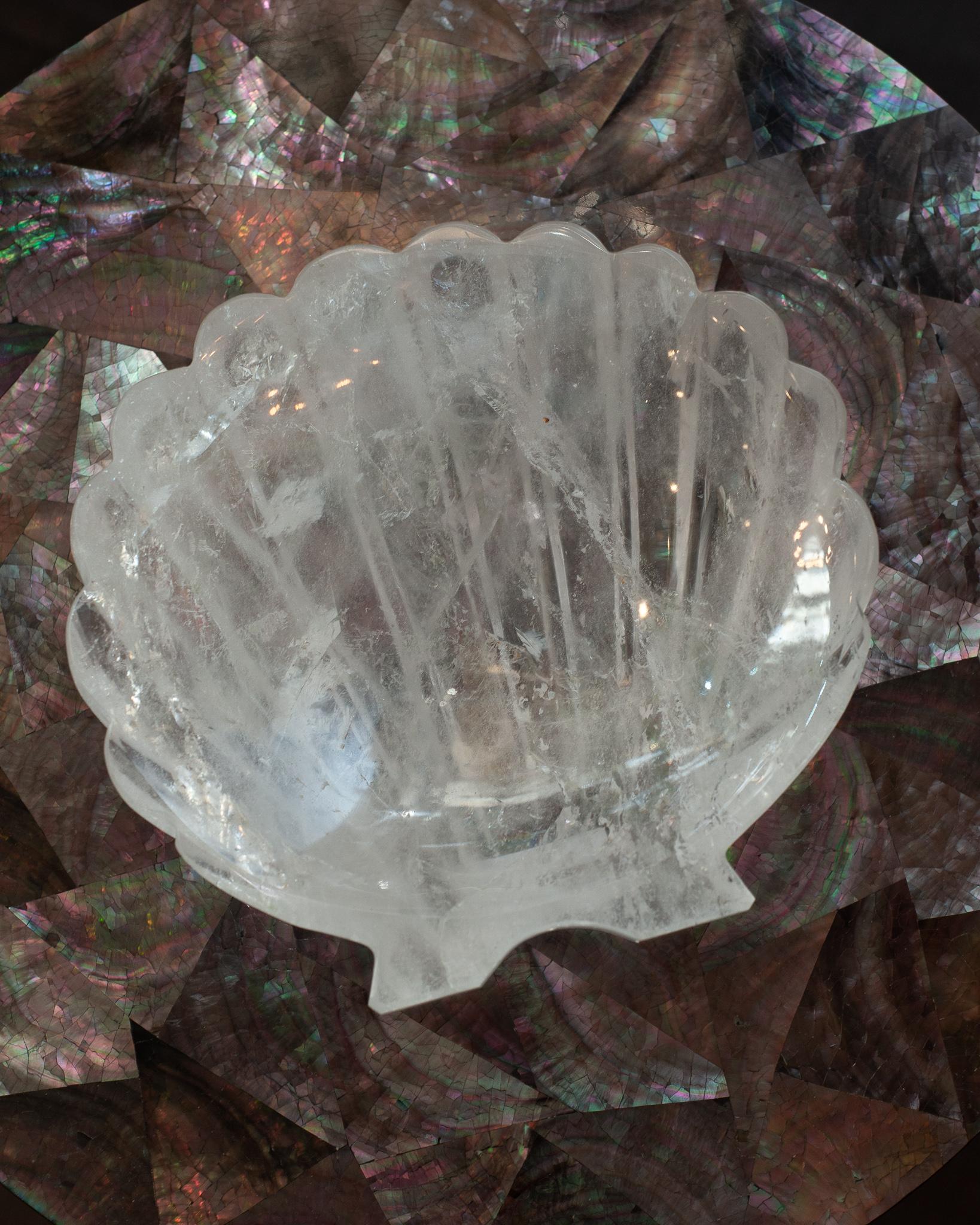 Contemporary Hand Carved Rock Crystal Clear Quartz Shell Tray In New Condition For Sale In Toronto, ON