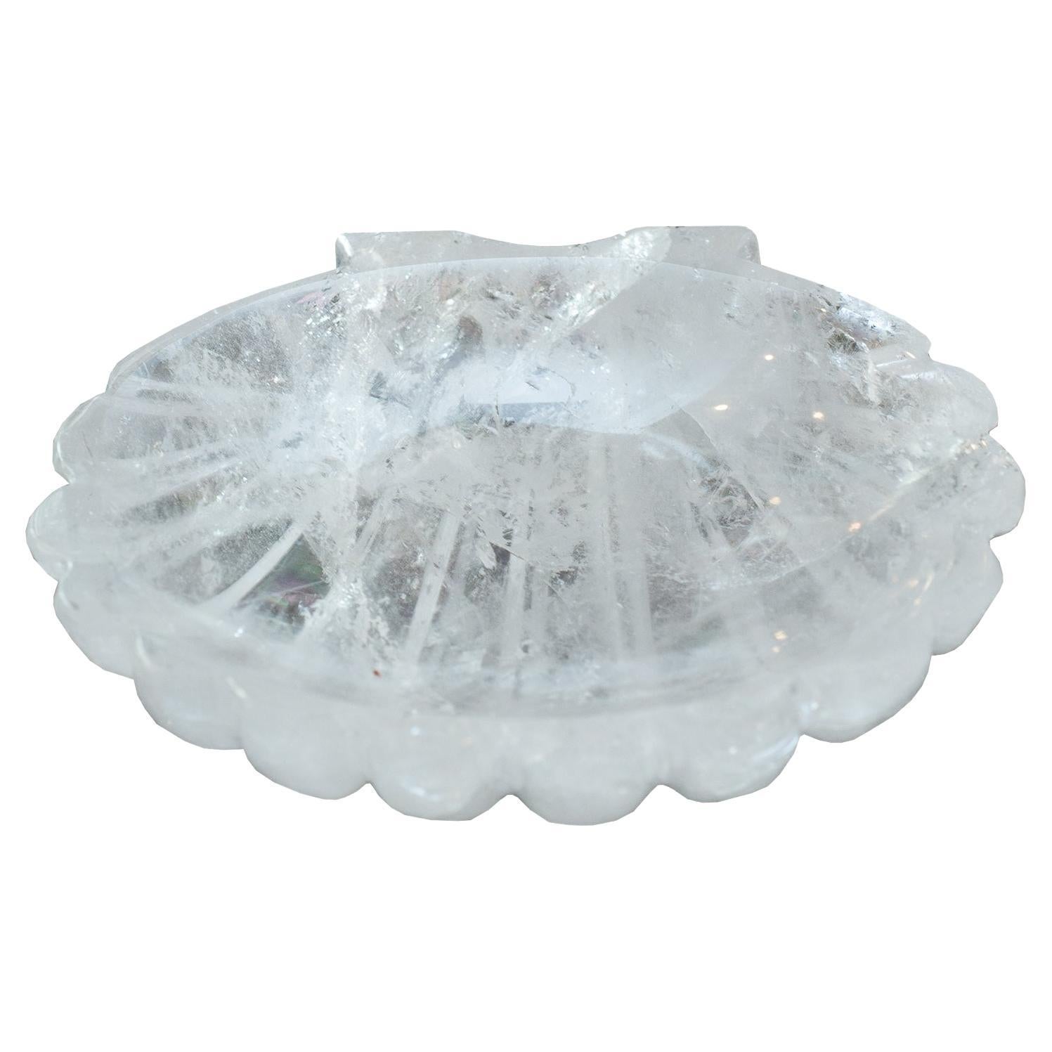 Contemporary Hand Carved Rock Crystal Clear Quartz Shell Tray For Sale