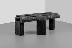 Contemporary Hand-Carved Solid Wood Bench in Black Stain, Sculptural Form