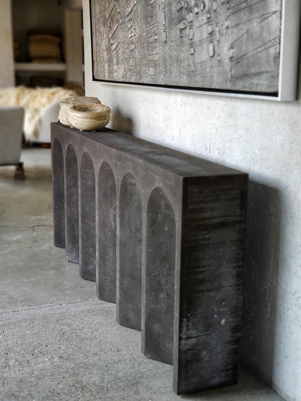 Stone Contemporary Natural Volcanic Rock Console with Arched Detail  For Sale