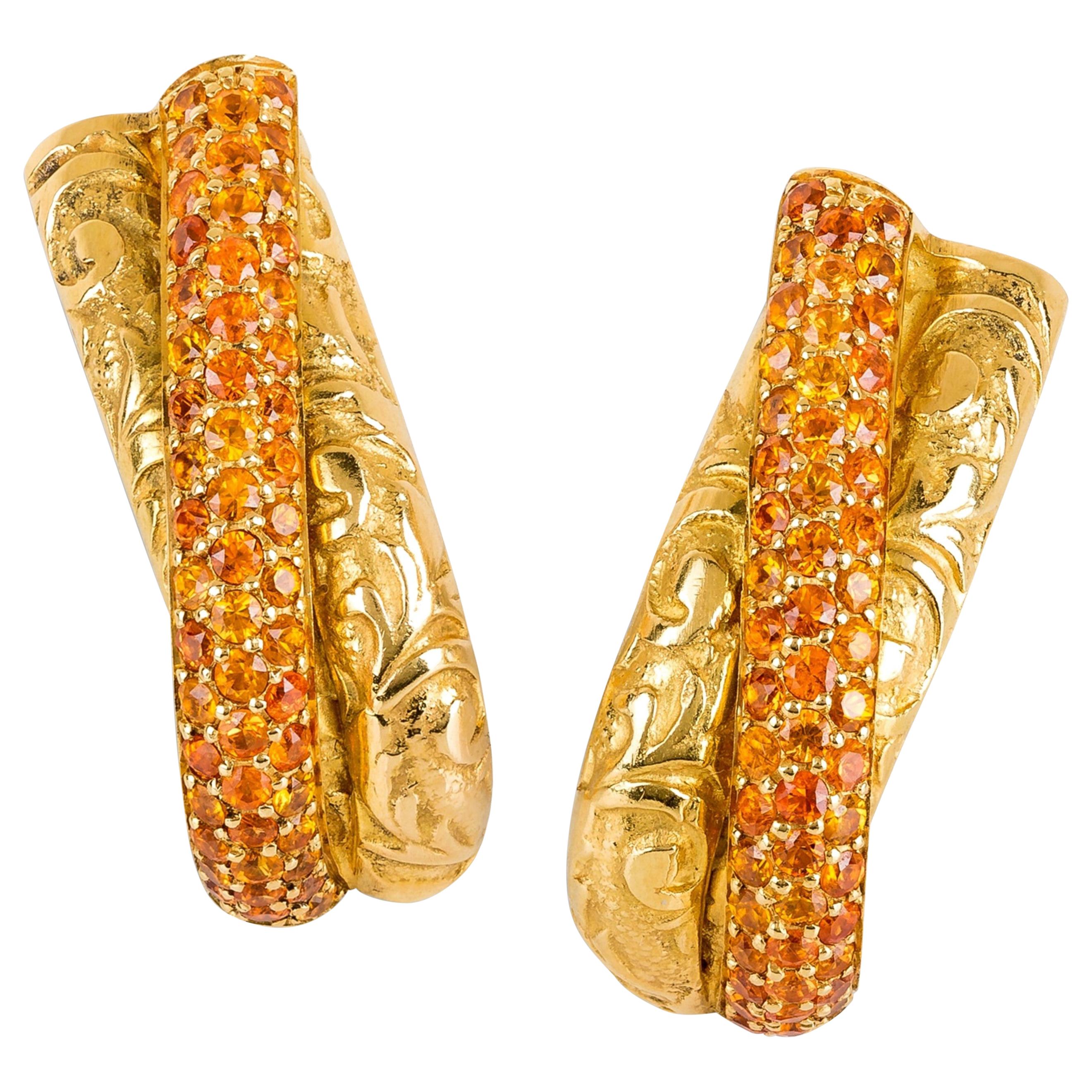 Rosior Orange Garnet set on Hand Chiseled Yellow Gold Drop Earrings