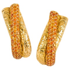 Used Rosior Orange Garnet set on Hand Chiseled Yellow Gold Drop Earrings