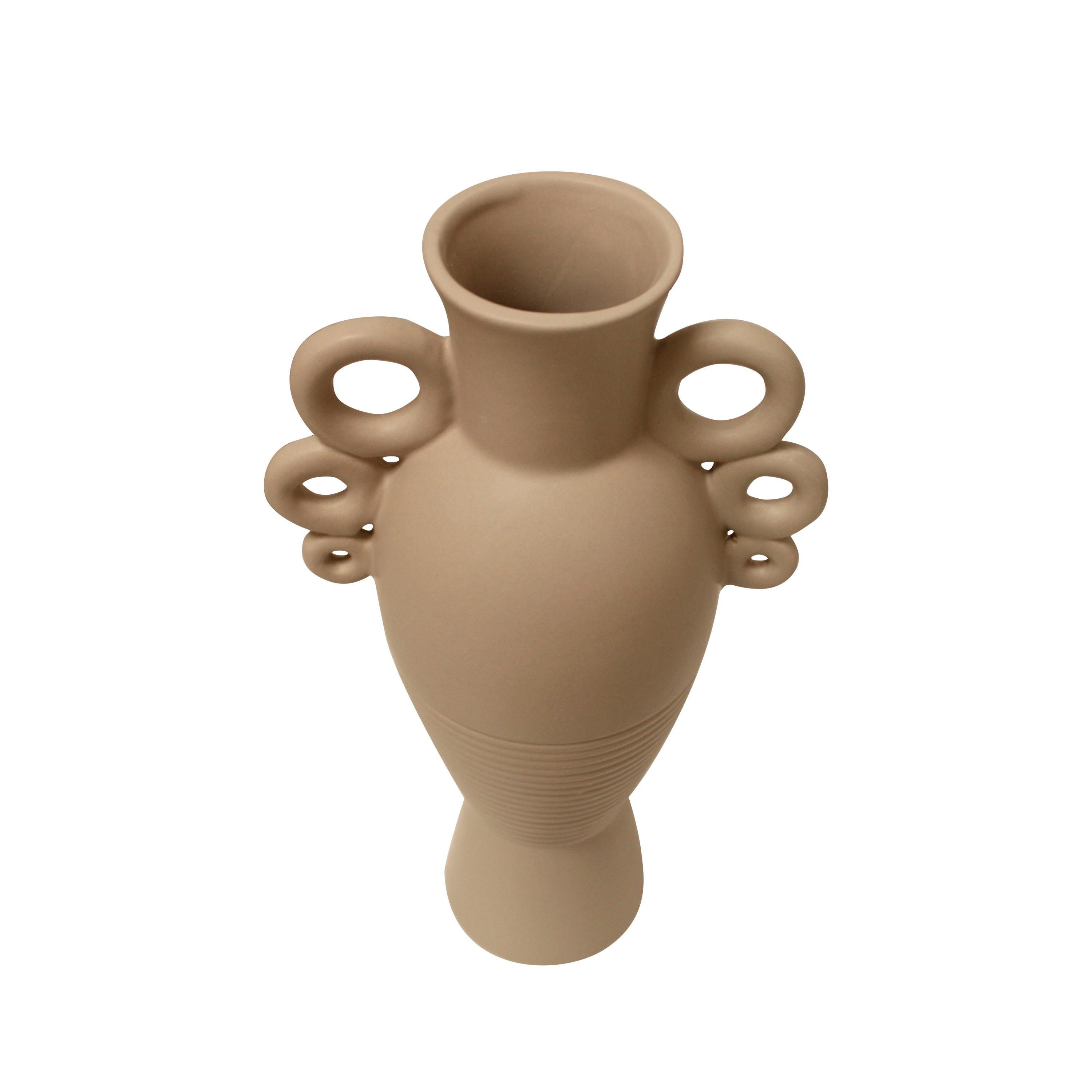 An Italian ceramic vase with a baluster-shaped body and a cylindrical neck painted Beige-grey. The vase featured two handles made of 3 connected ceramic rings and an engraved lines decoration.