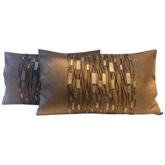 Contemporary Hand Embroidered Cushions Copper Beading Gold Leather Patchwork