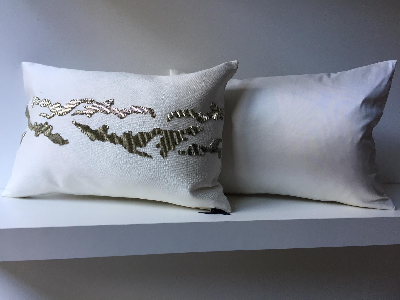 Modern Contemporary Hand Embroidered Cushions with Silver Beading on Silk Color Oyster