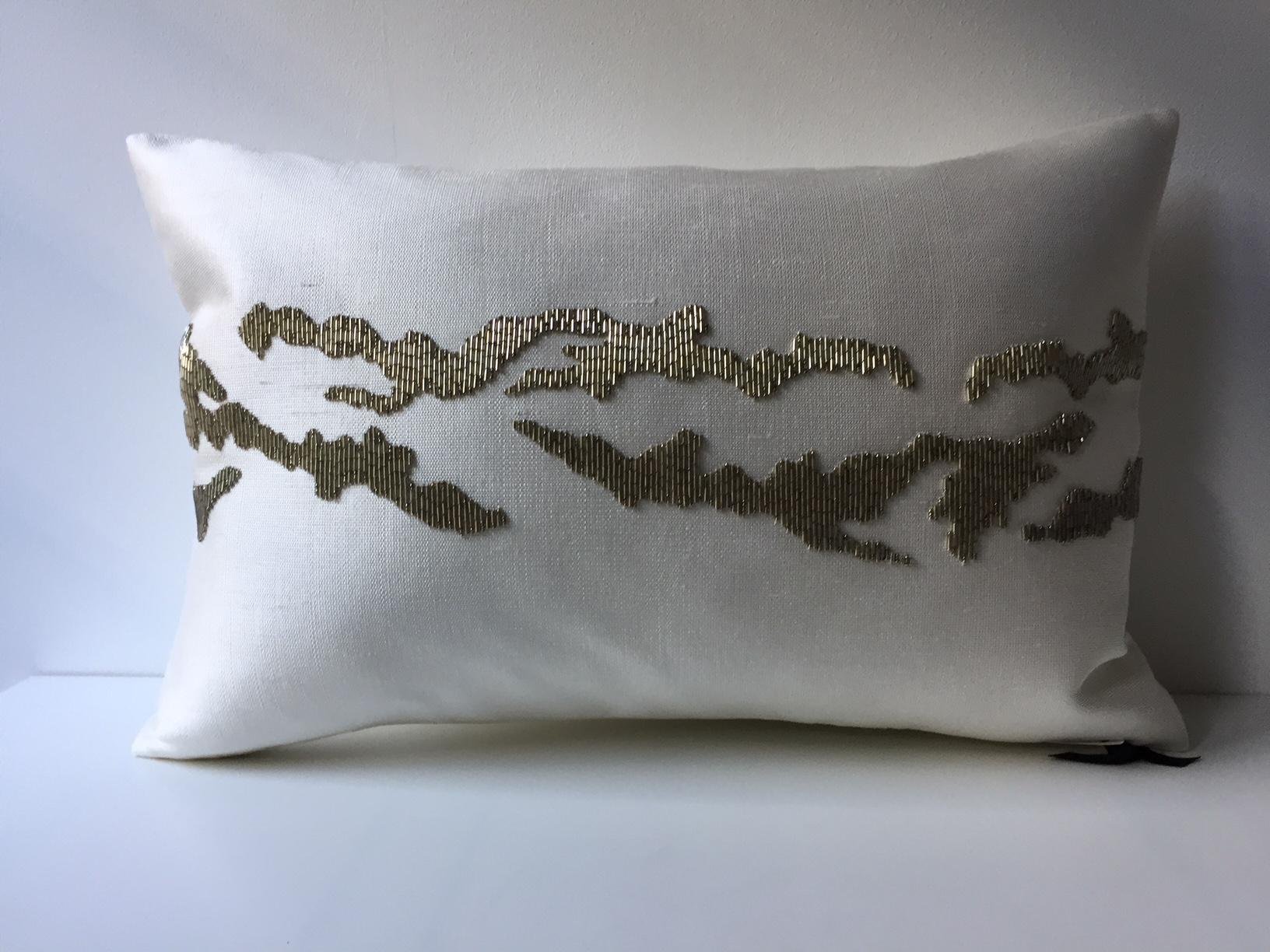 Contemporary Hand Embroidered Cushions with Silver Beading on Silk Color Oyster In New Condition In Hamburg, DE