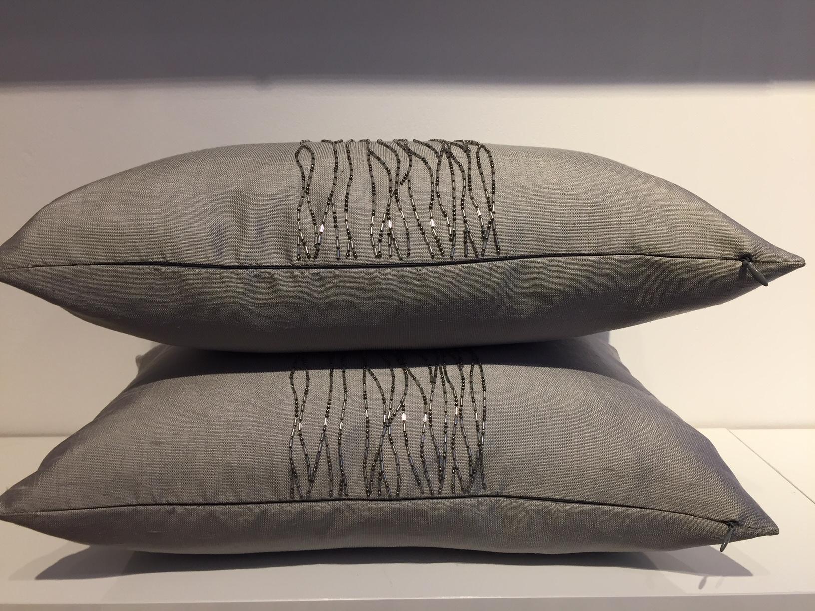 German Contemporary Hand Embroidered Cushions with Silver Beading on Silver-Grey Silk