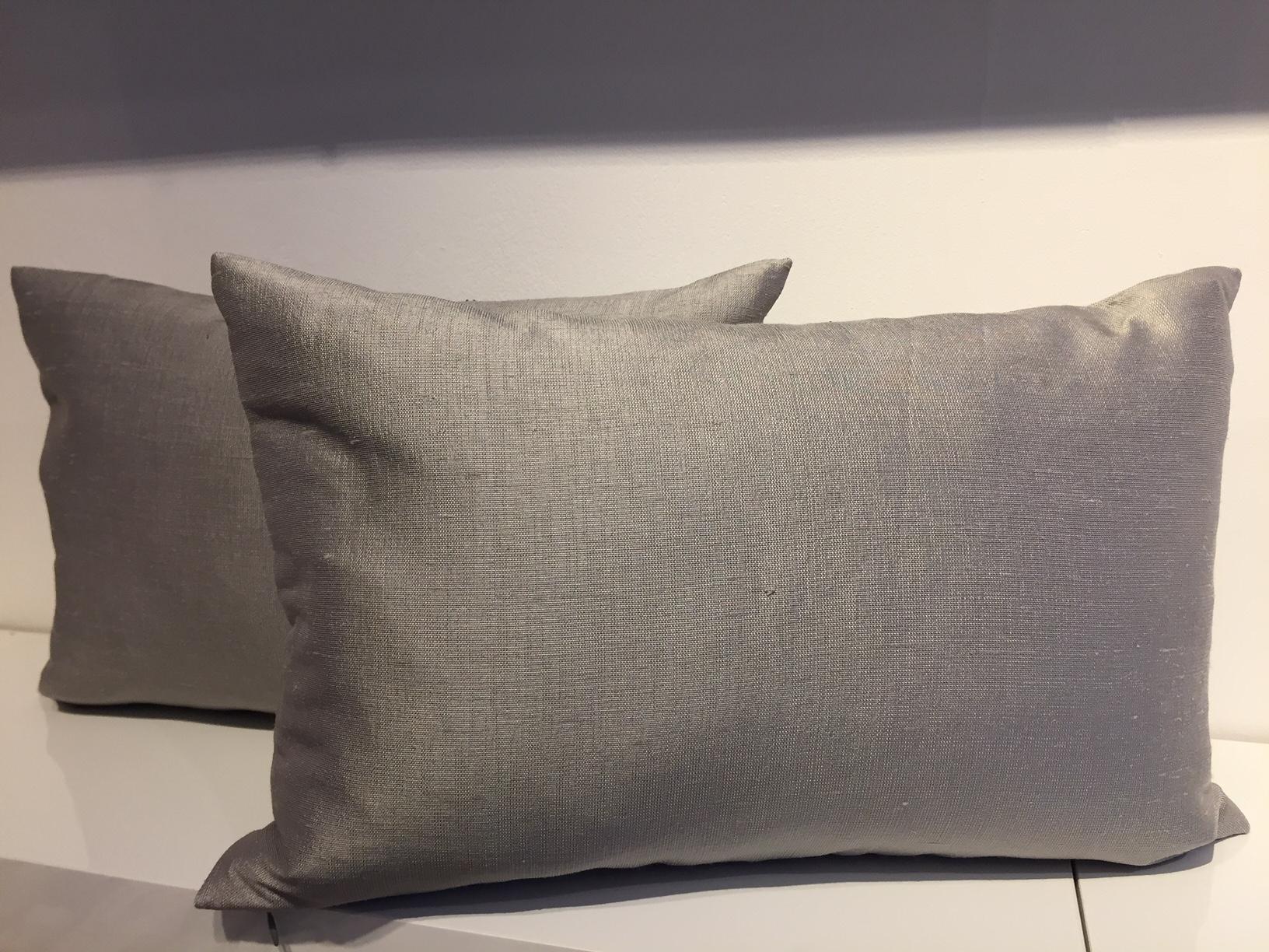 Contemporary Hand Embroidered Cushions with Silver Beading on Silver-Grey Silk 1