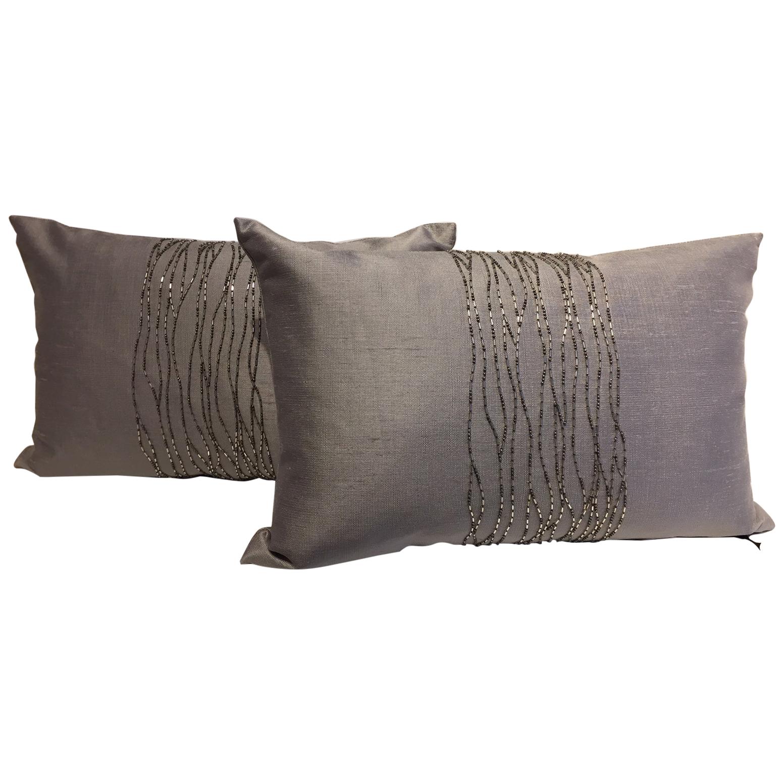 Contemporary Hand Embroidered Cushions with Silver Beading on Silver-Grey Silk