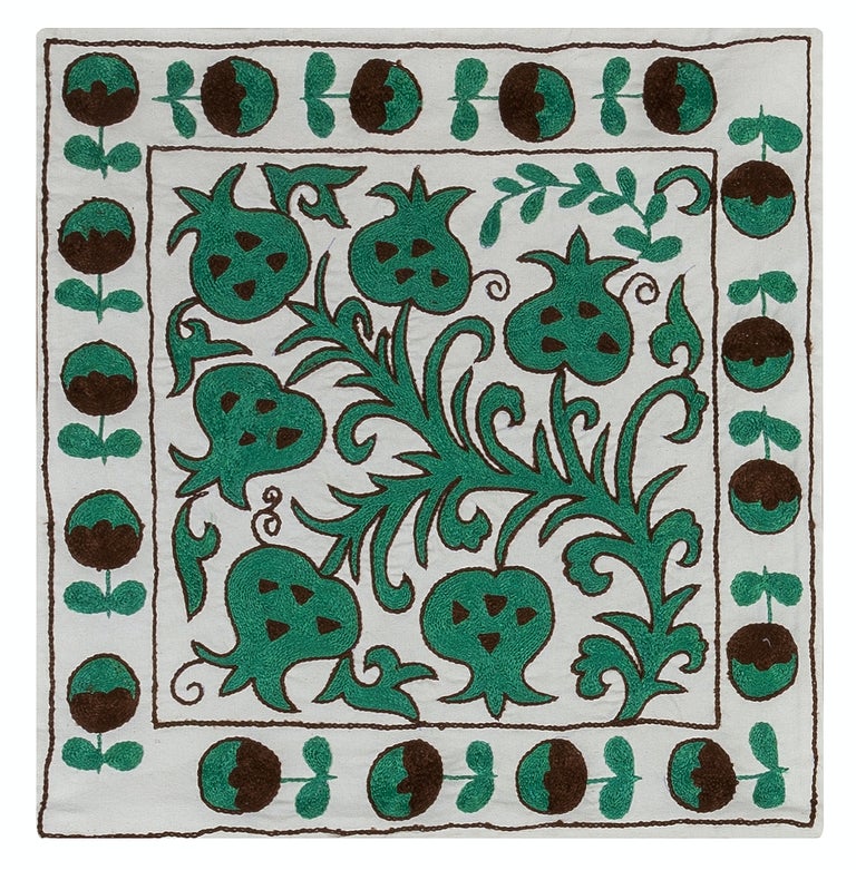 Contemporary Hand Embroidered Silk Cushion Cover in Green and Cream. 18