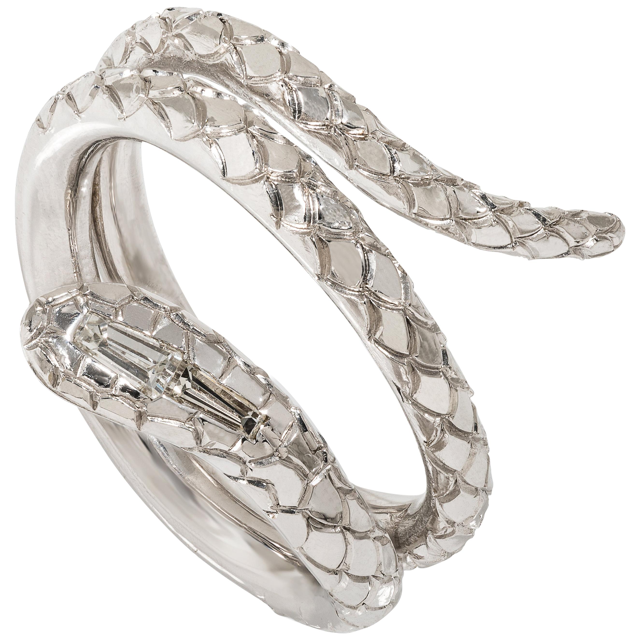 Rosior Hand Engraved "Serpent" Ring set with Diamonds in White Gold