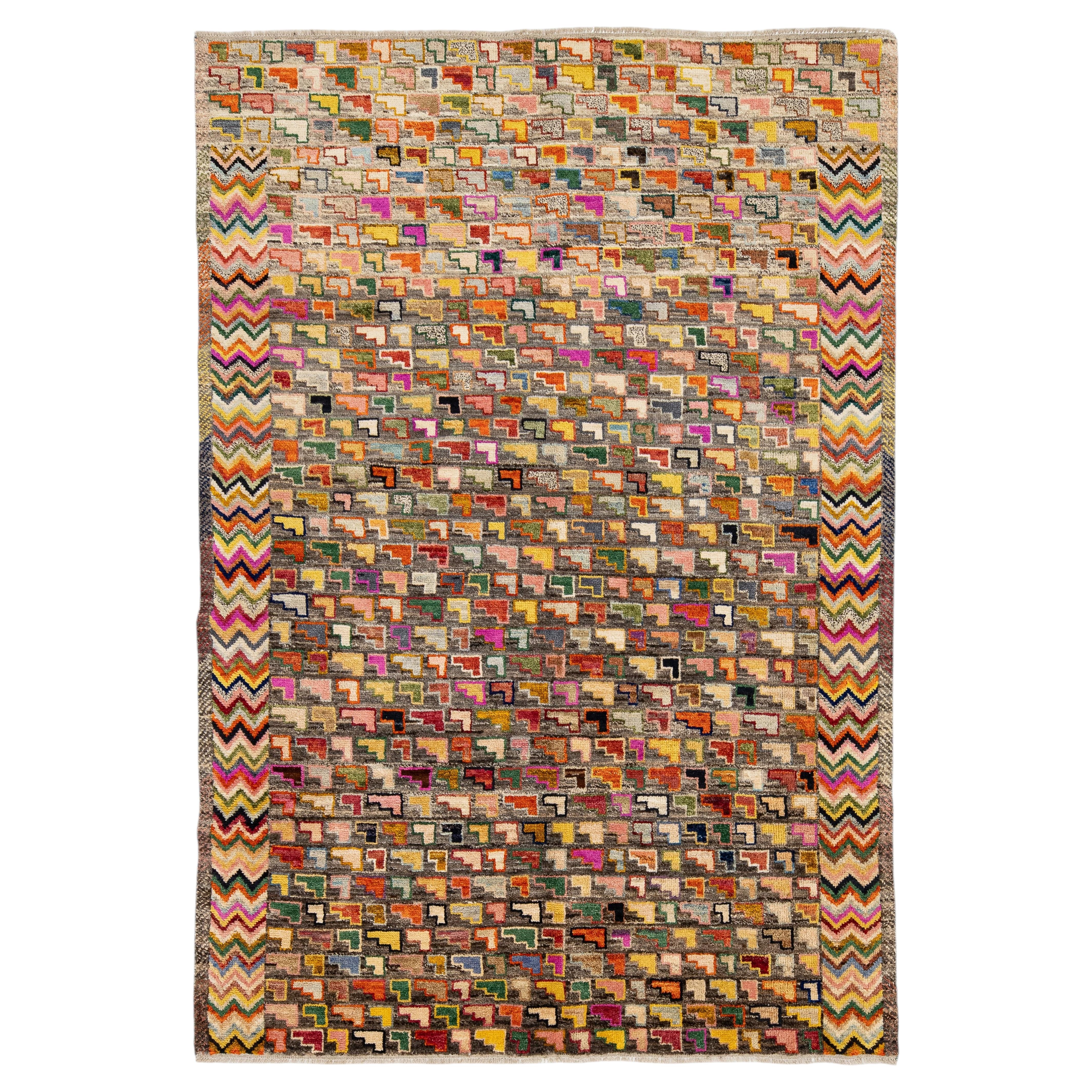 Contemporary Hand-Knotted Baluch Style Rug Vibrant L-Shaped Motif Geometric Wool