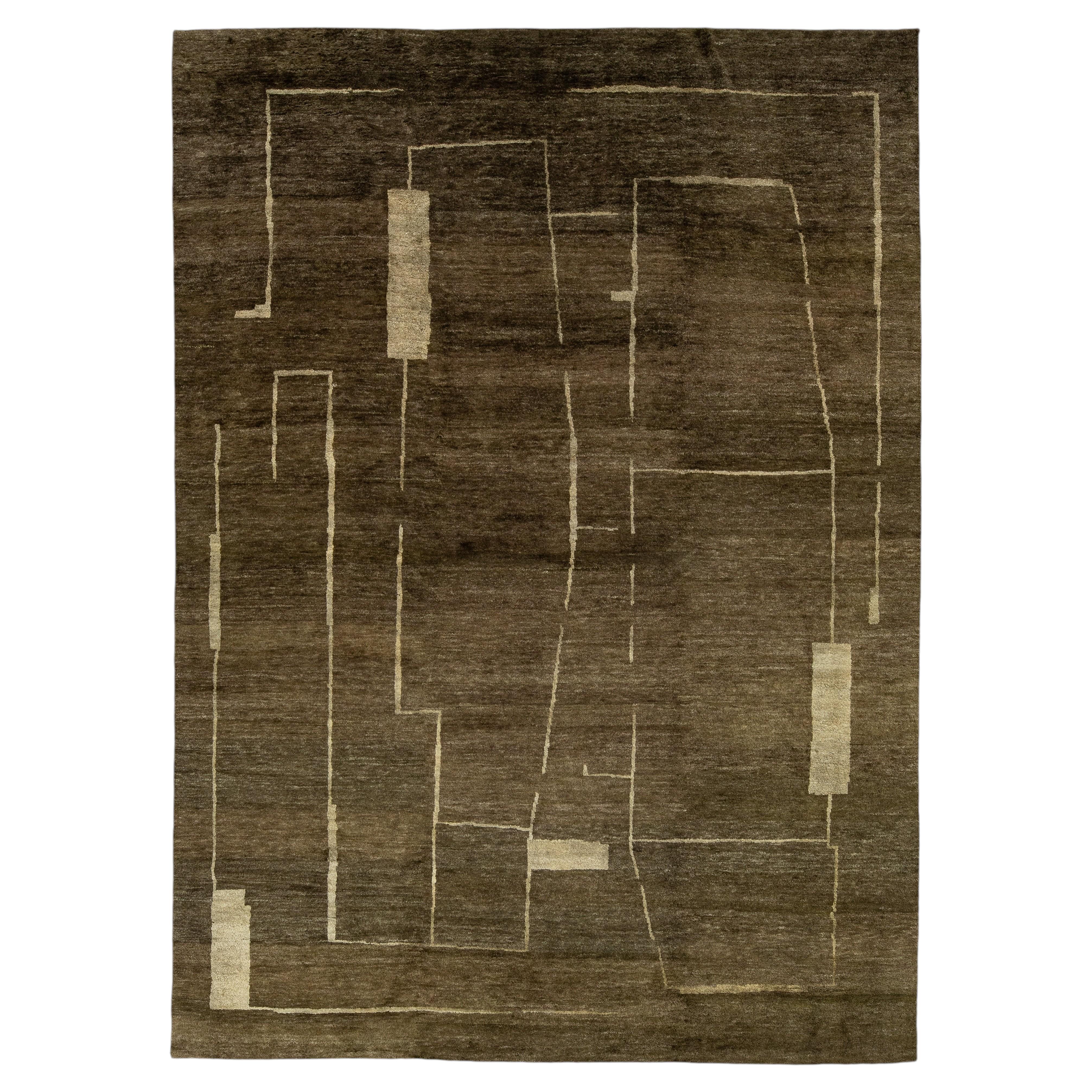 Contemporary Hand-Knotted Espresso Wool Rug with Minimalist Geometric Abstract