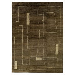Tappeto contemporaneo in lana color espresso, annodato a mano, con motivi geometrici astratti in stile minimalista
