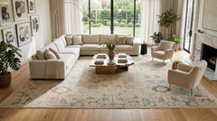 Contemporary Hand-Knotted Indian Wool Rug Neutral & Slate Blue Oushak Inspired