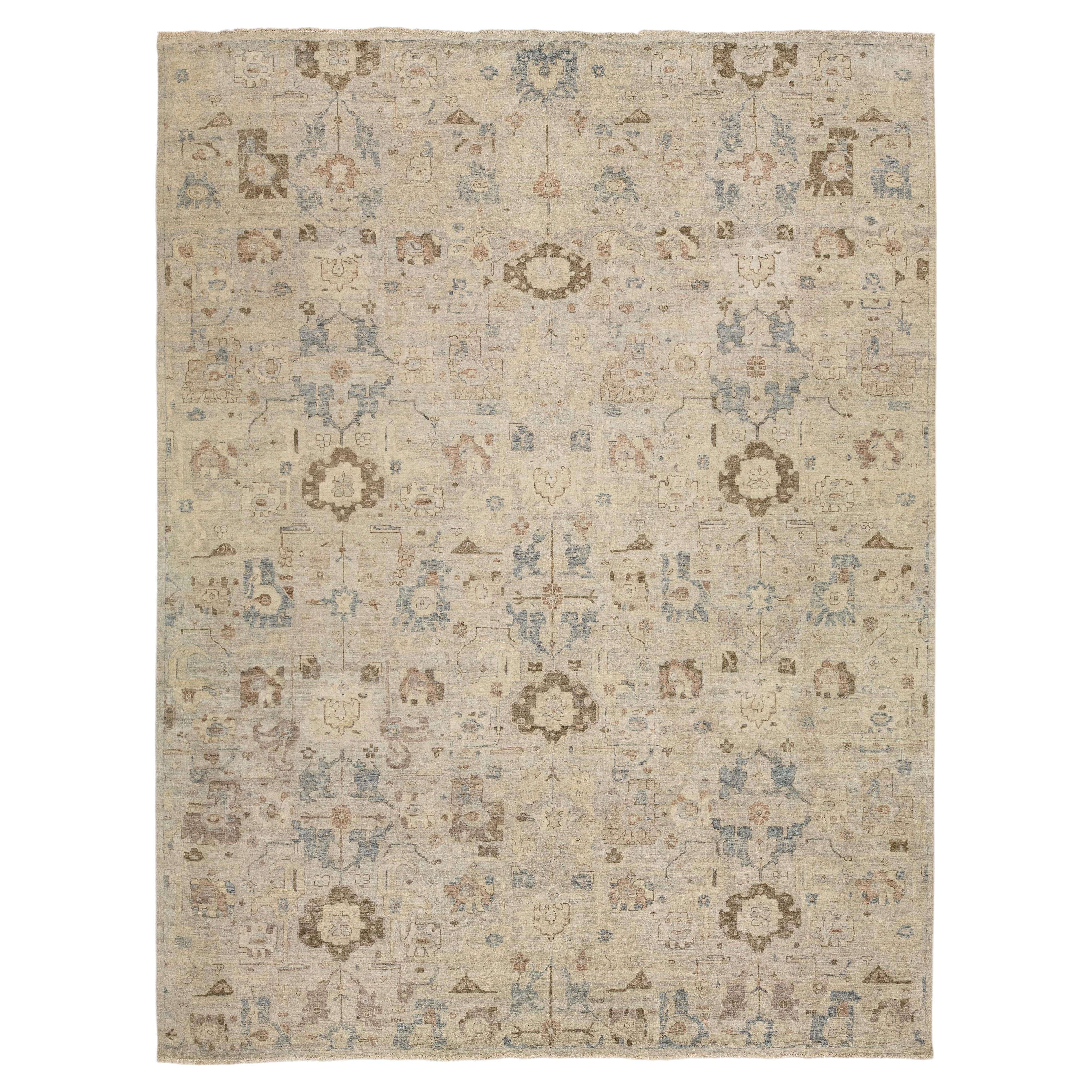 Contemporary Hand-Knotted Indian Wool Rug Neutral & Slate Blue Oushak Inspired