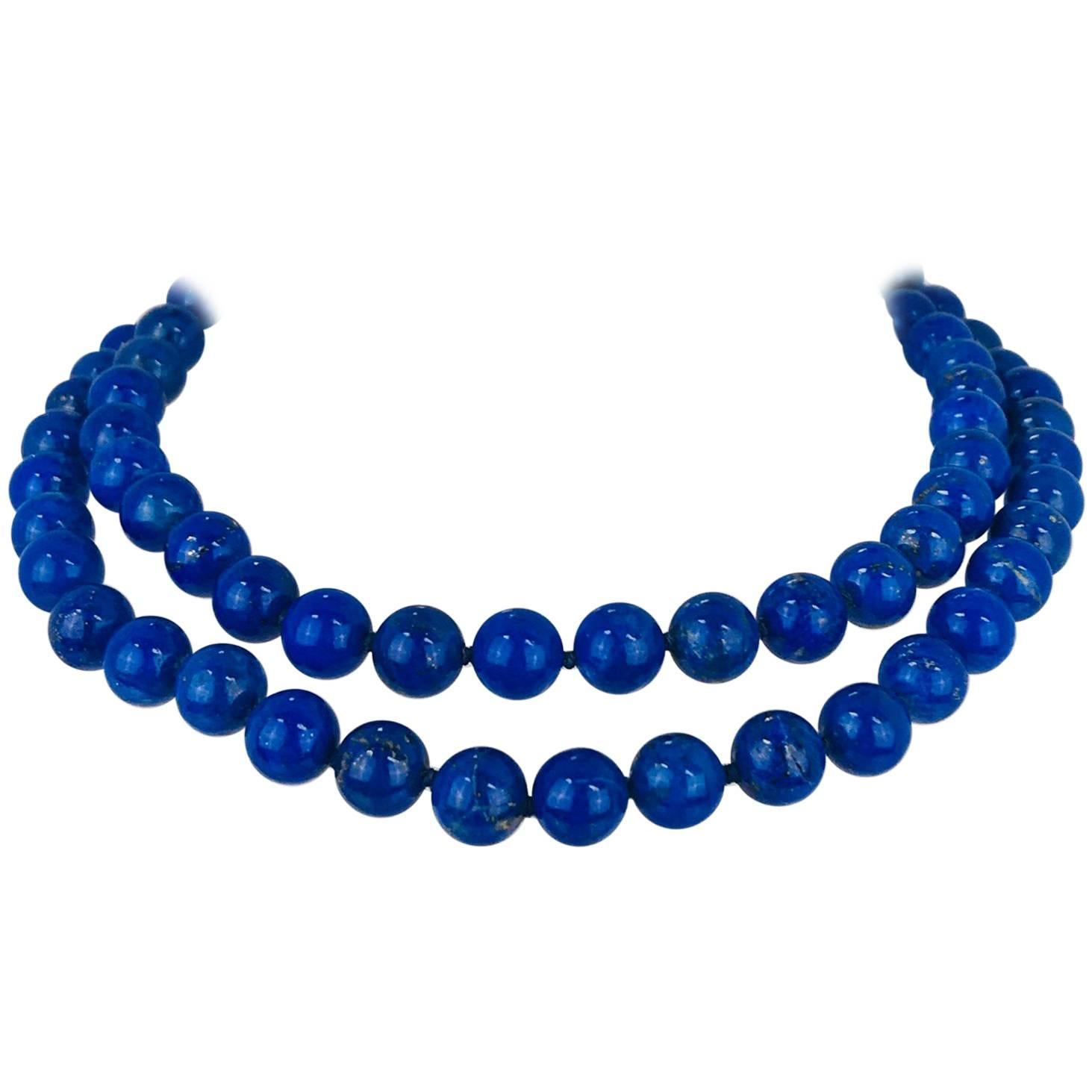 Contemporary, Hand-Knotted Lapis Lazuli Bead Necklace, 14 Karat Gold Clasp