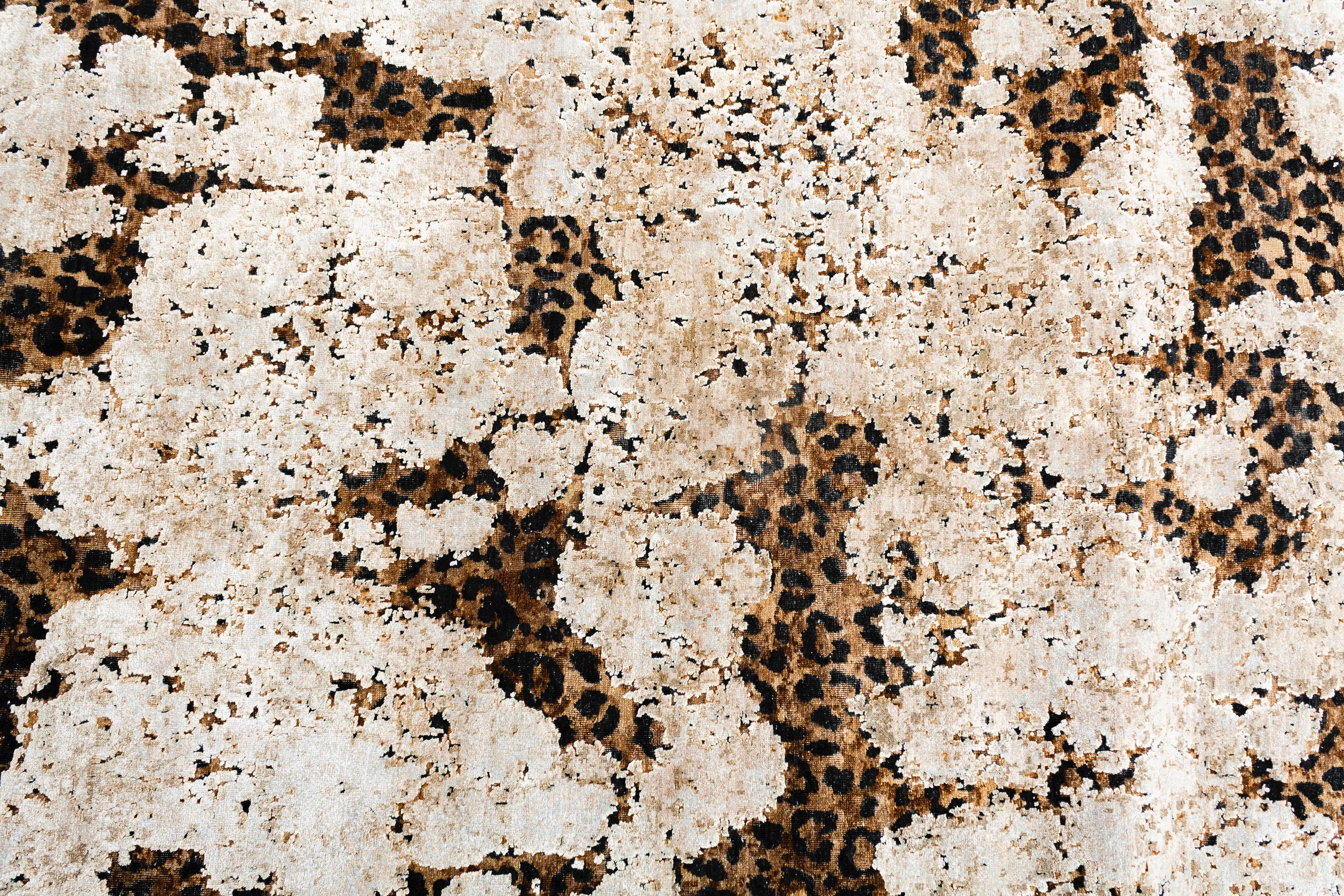 Modern Contemporary Leopard Wool and Silk Hand-Knotted Rug in Brown, Creme and Black For Sale