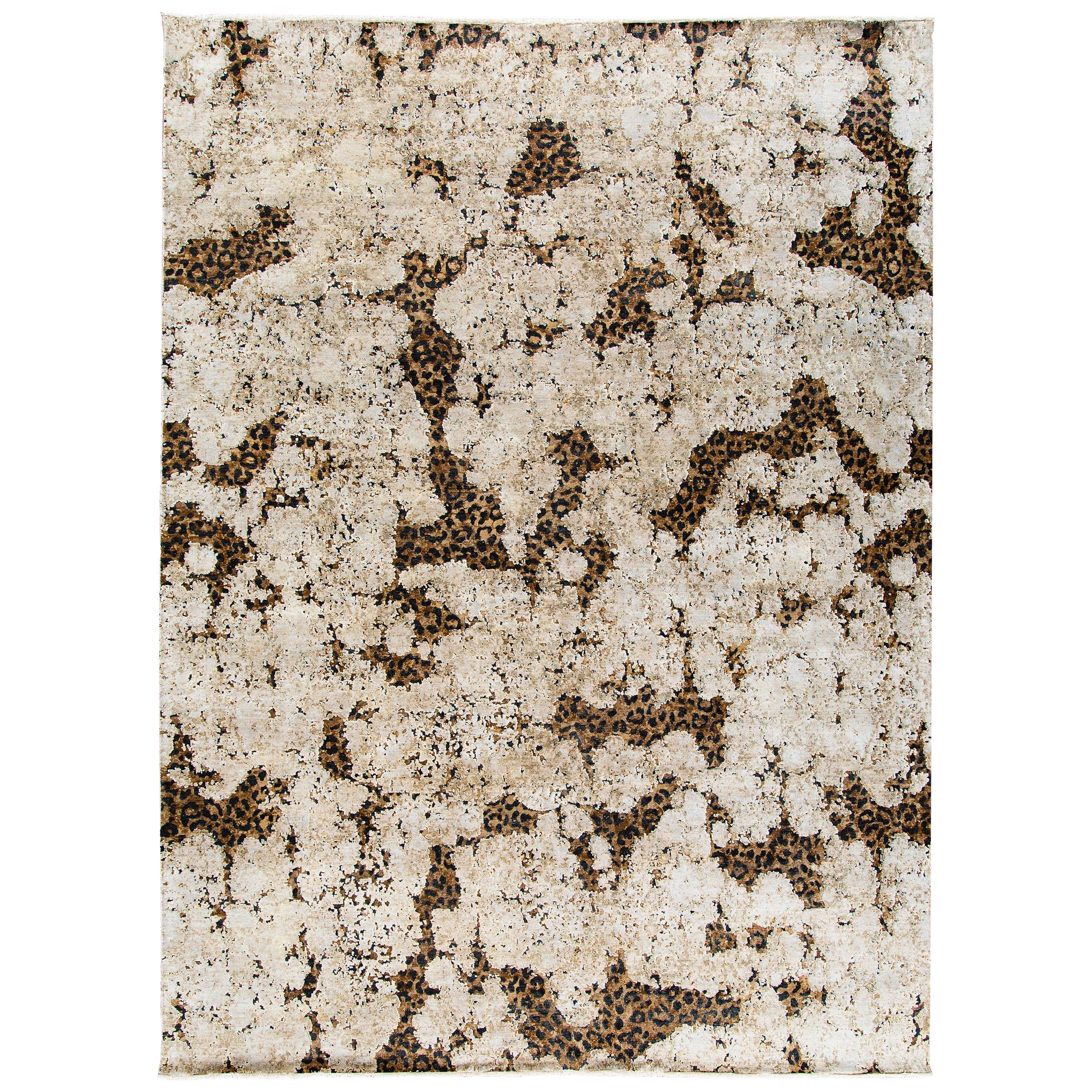 Contemporary Leopard Wool and Silk Hand-Knotted Rug in Brown, Creme and Black For Sale