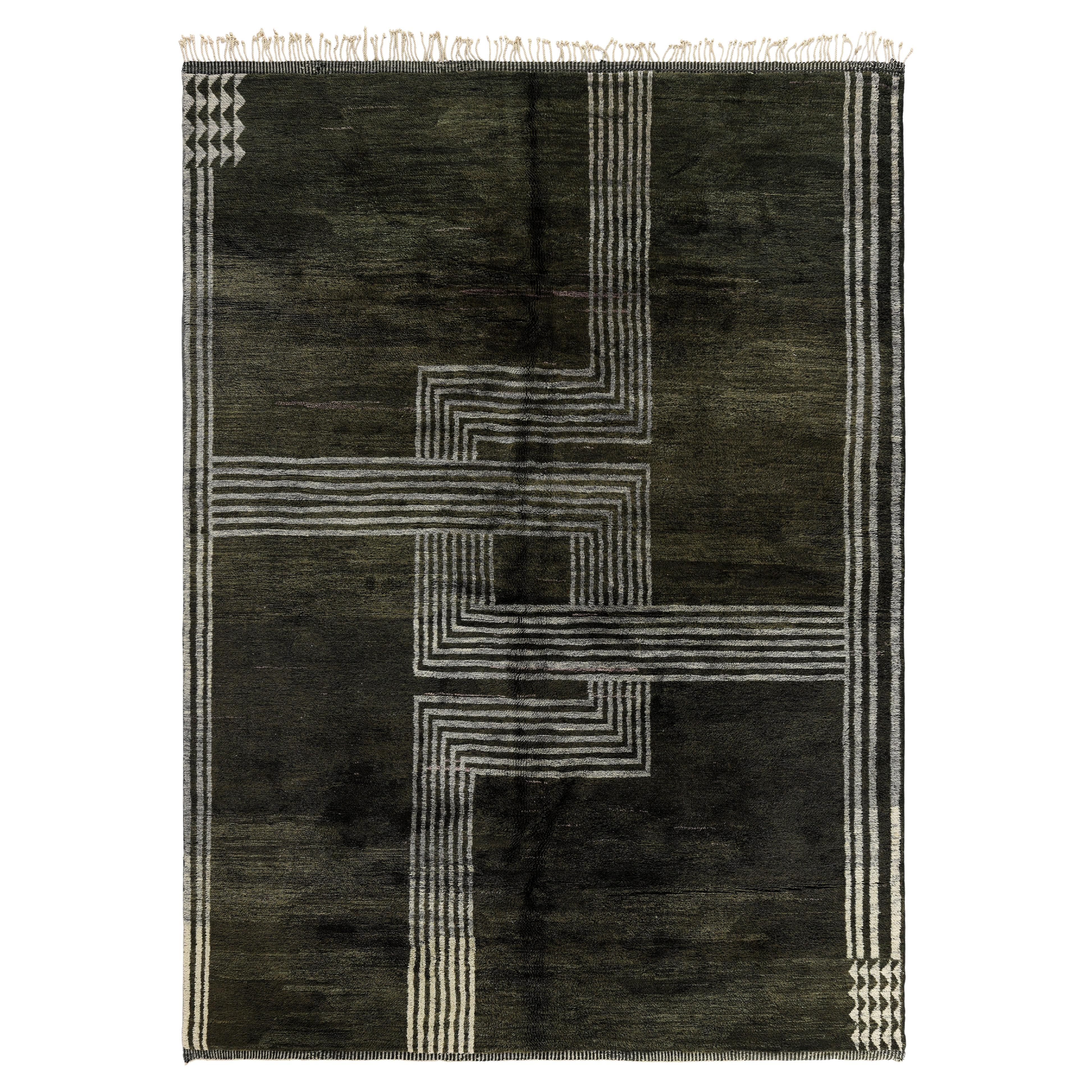 Tapis marocain contemporain noué à la main à motifs géométriques Olive terreux en vente